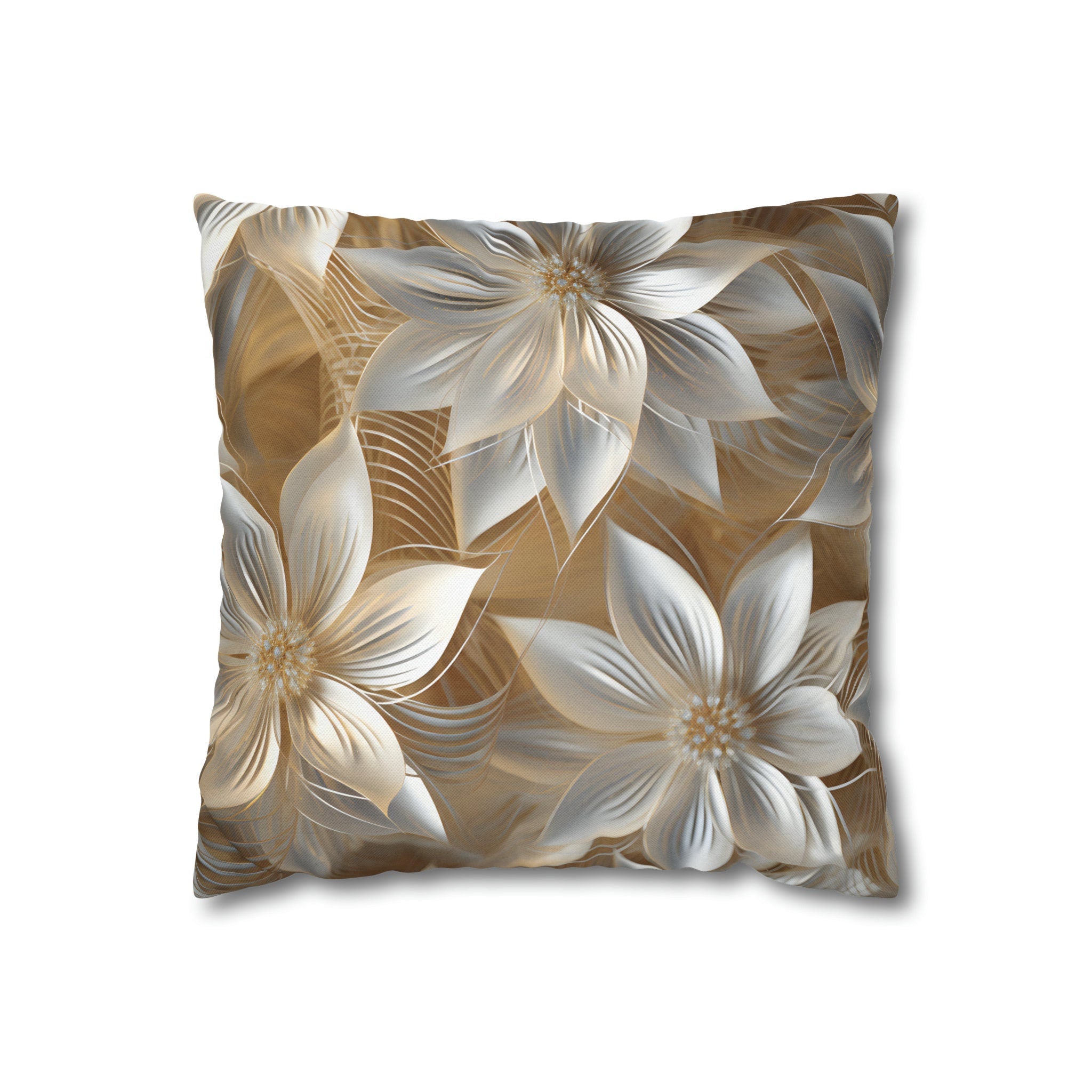 Elegant Winter Floral Pillow Cover: Pale Gold and Shimmery Silver