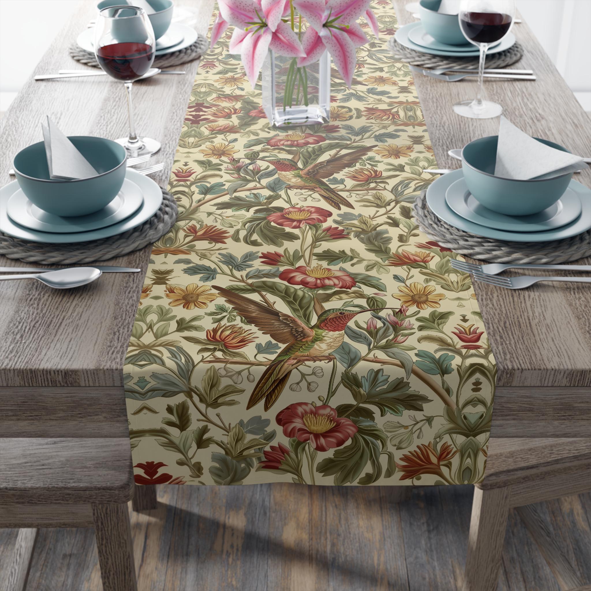 William Morris Table Runner: Vintage Style Botanical Hummingbird Floral Accent