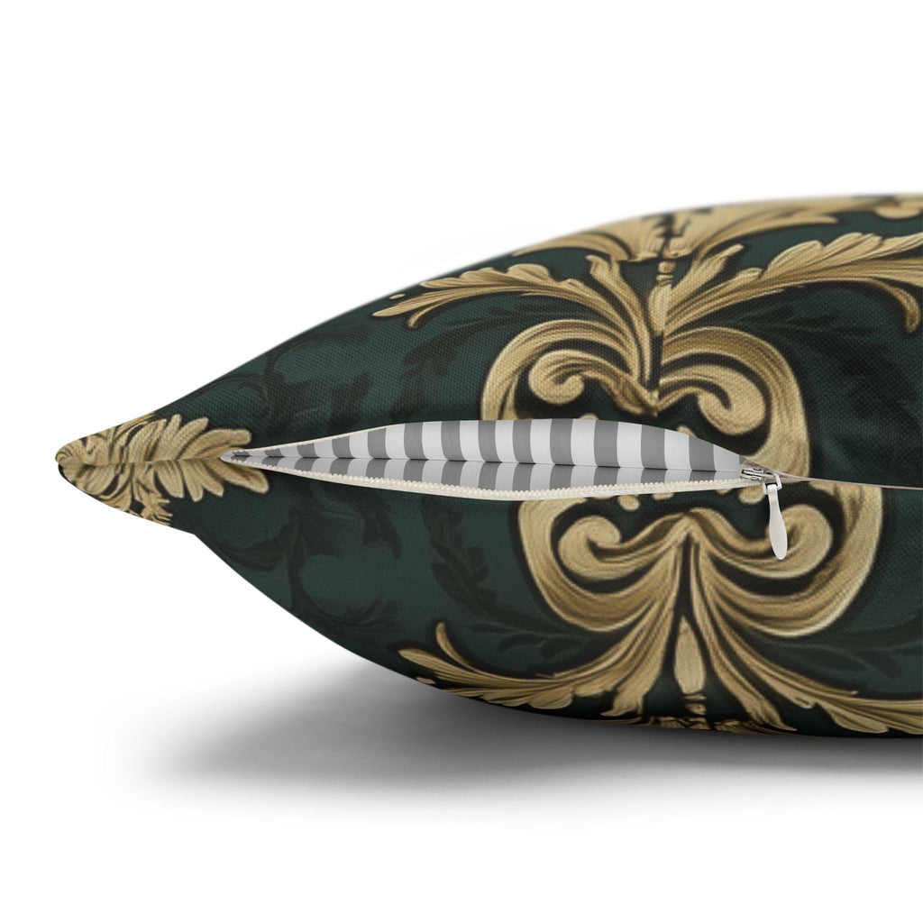 Baroque Damask Christmas Pillow Cover: Evergreen Gold and Simulated Red Bow Holiday Accent