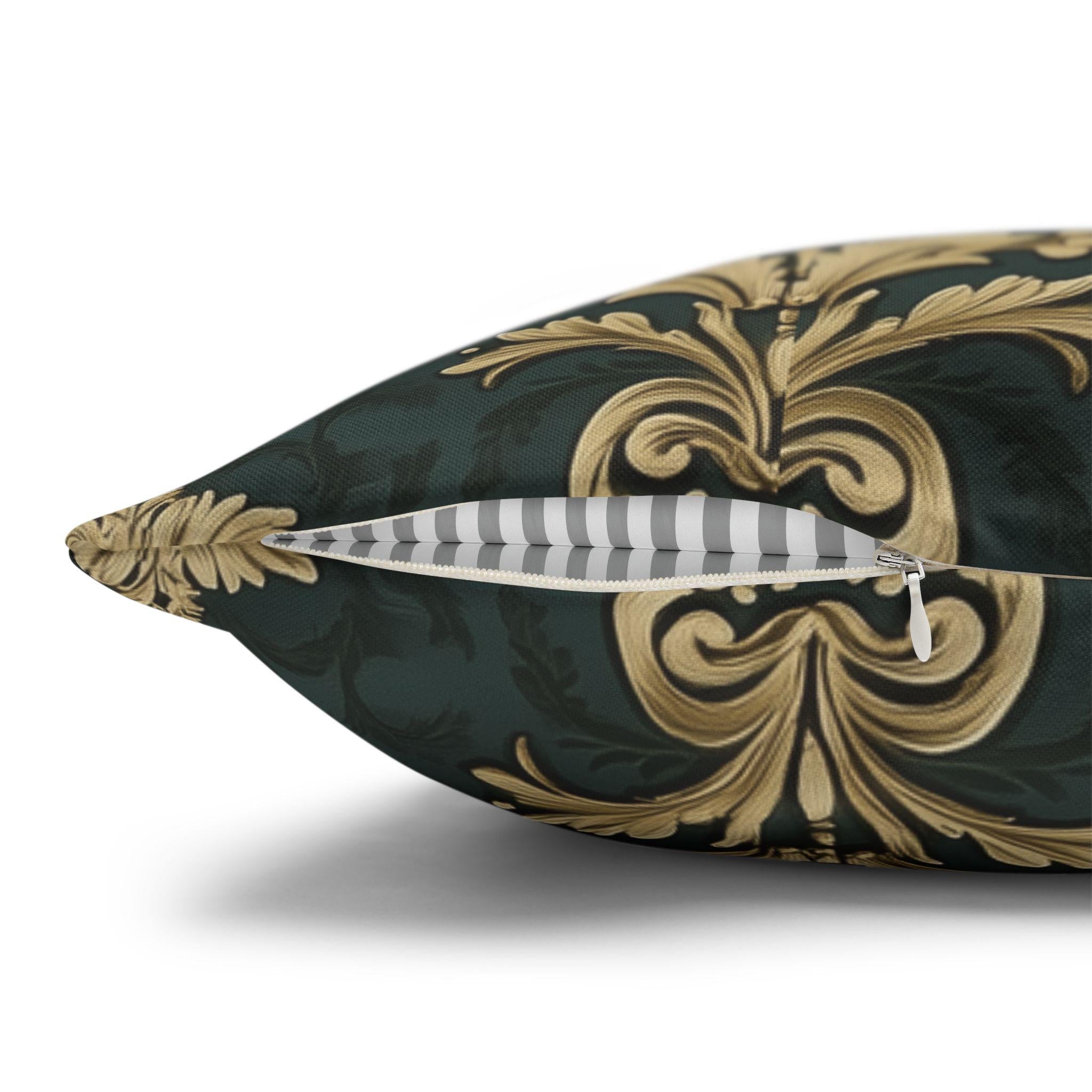 Baroque Damask Christmas Pillow Cover: Evergreen Gold and Simulated Red Bow Holiday Accent