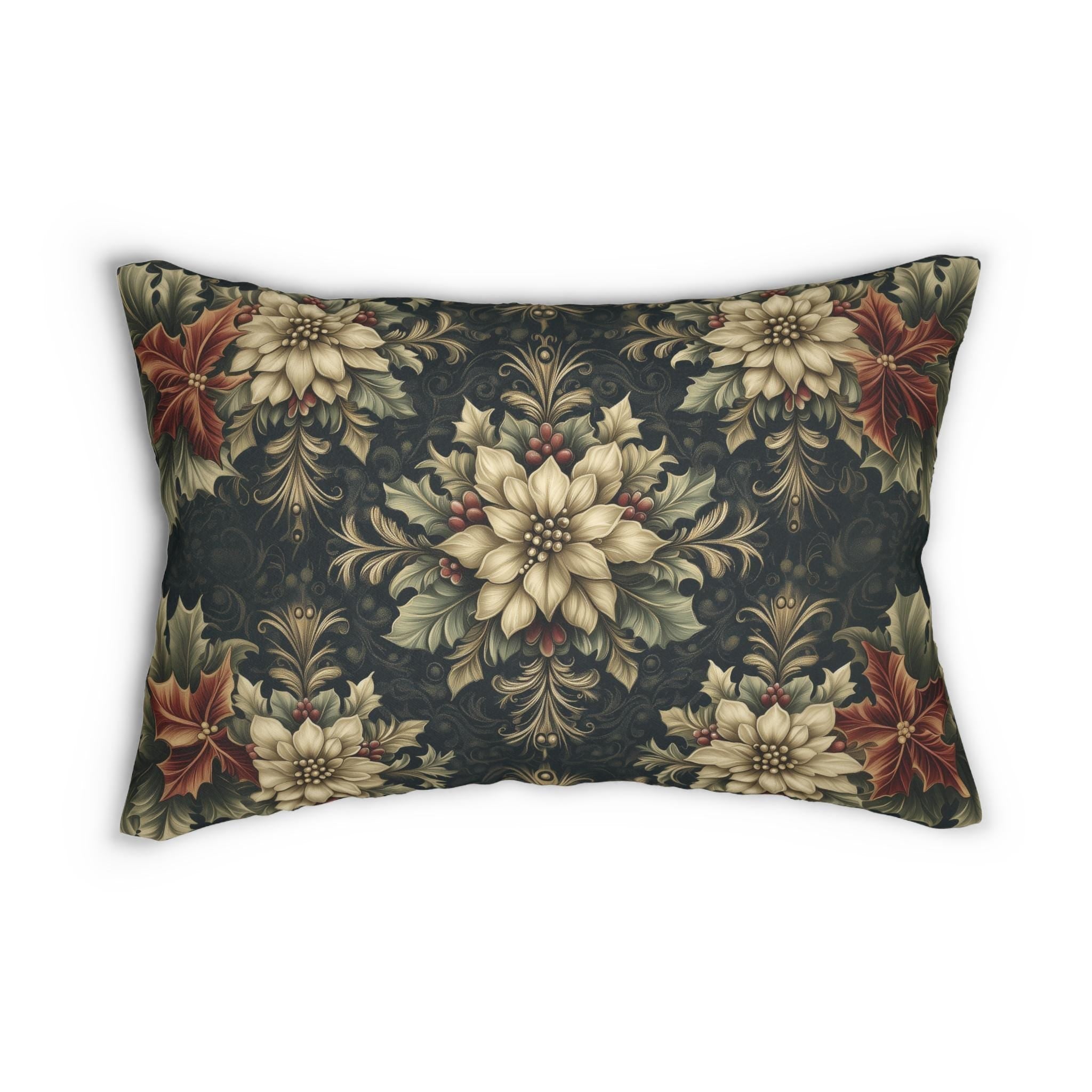 William Morris Christmas Lumbar Pillow: Ivory Poinsettia & Holly on Midnight Green