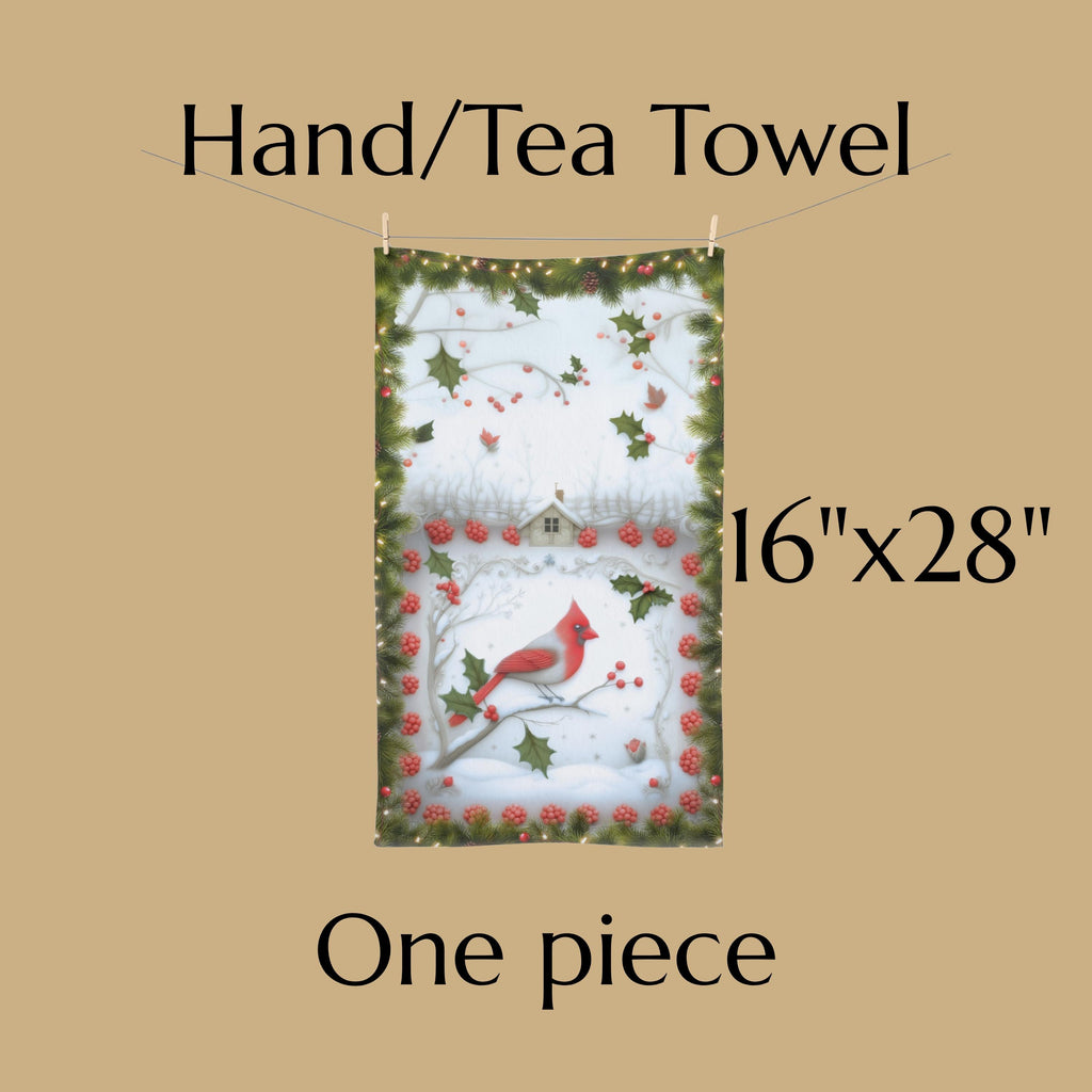 Red Cardinal Christmas Hand Towel: Winter Berry Tea Towel