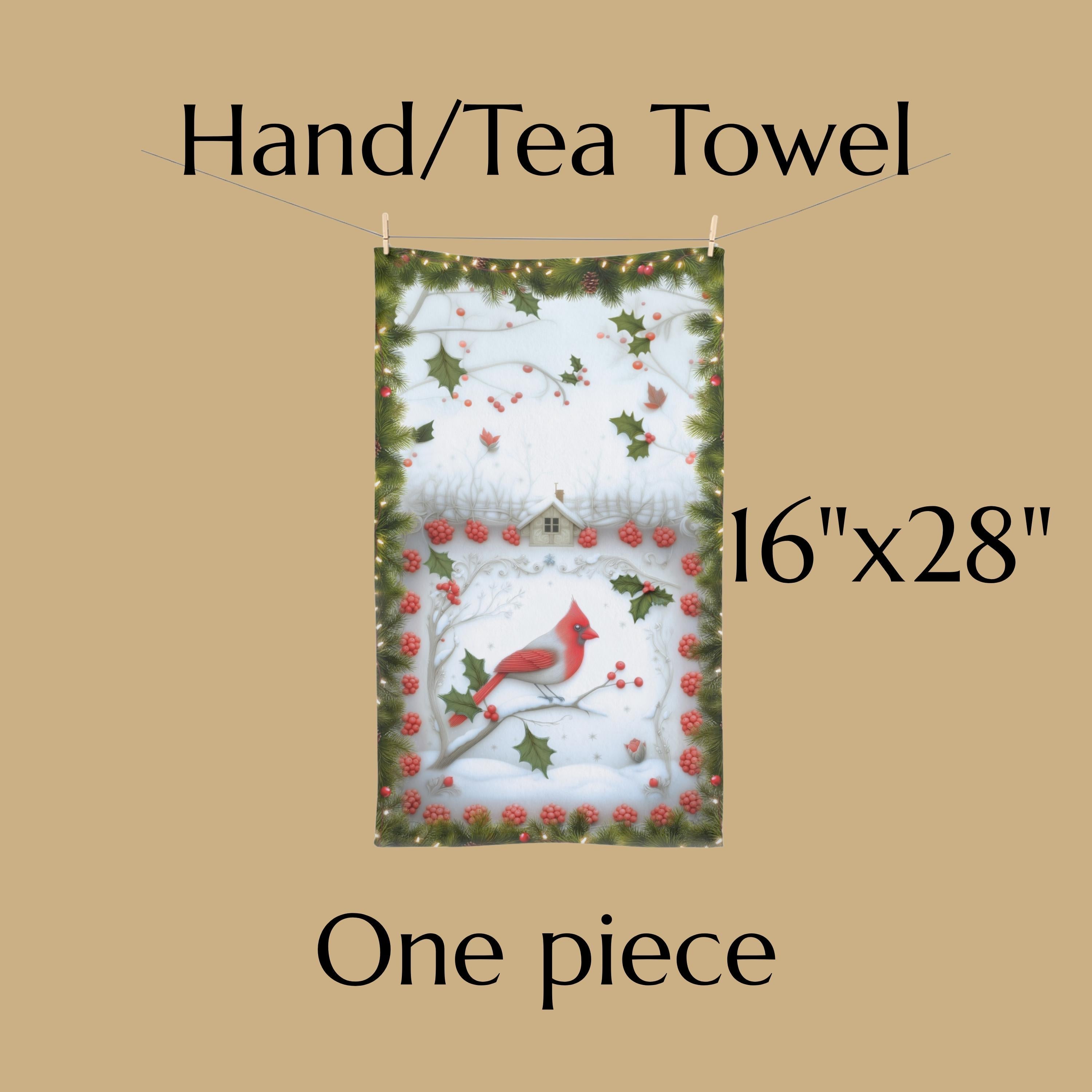 Red Cardinal Christmas Hand Towel: Winter Berry Tea Towel