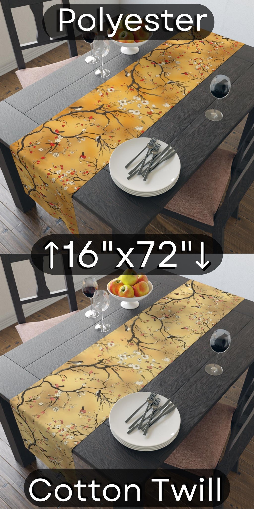 Chinoiserie Table Runner: Gold, Red Blossoms & Birds - Asian Decor