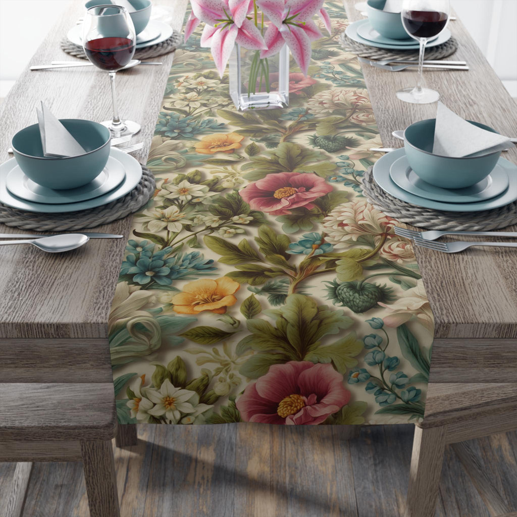 Watercolor Pastel Floral Table Runner:  Botanical Spring Garden Sage Pink Blue
