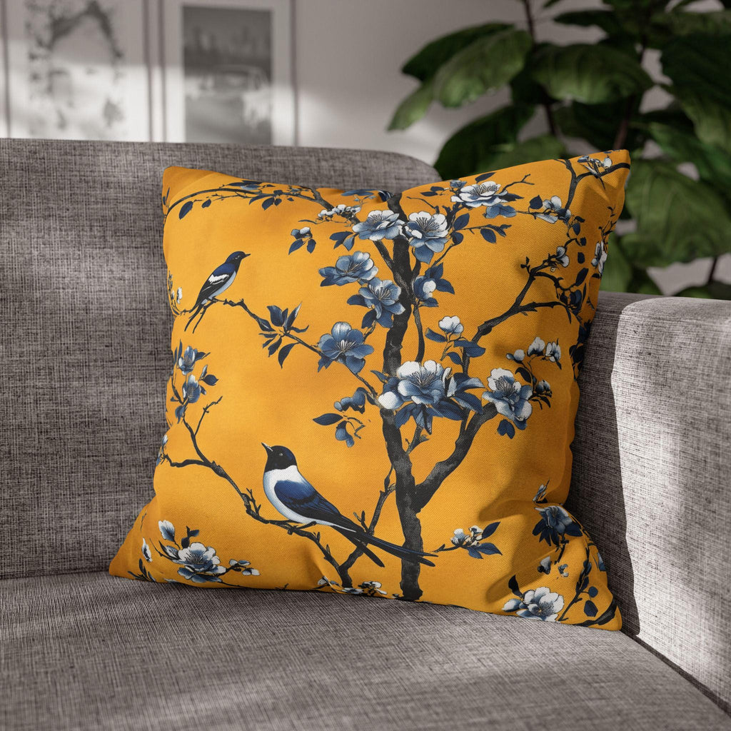 Elegant Chinoiserie Bird Pillow Cover: Golden Yellow & Blue Floral Cushion Case for Eclectic Decor