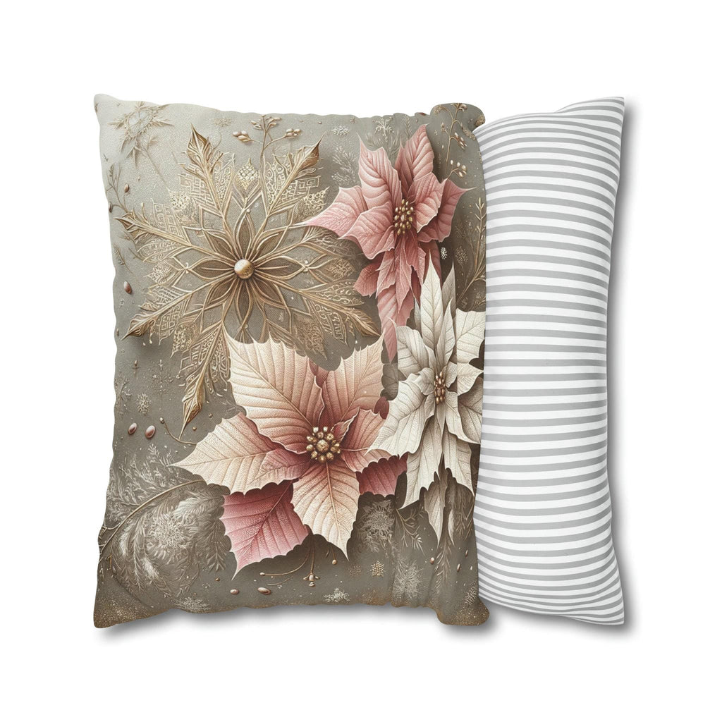 Holiday Pillow Cover, Pale Gold Snowflakes & Pink Poinsettias (Multiple Sizes)