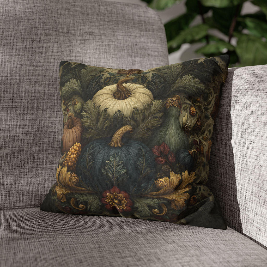 William Morris Inspired Autumn Harvest Tapestry Pillow Cover: Deep Teal with Ivory Blue & Gold