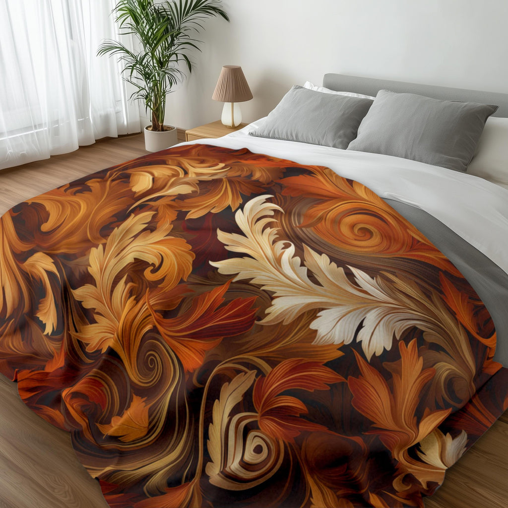 Autumnal Foliage Fleece Blanket: Ornate Swirling Leaves, Cozy Home Decor
