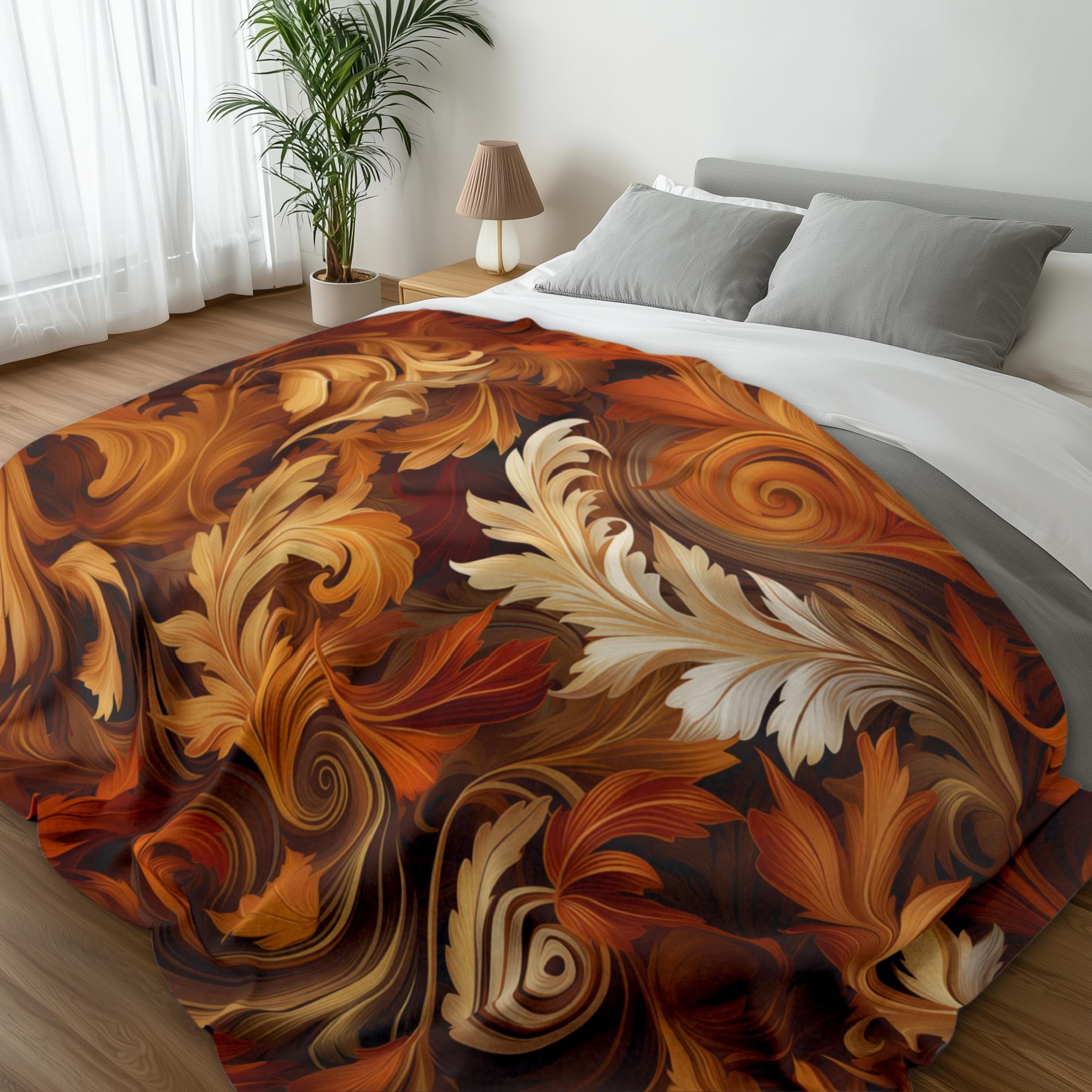 Autumnal Foliage Fleece Blanket: Ornate Swirling Leaves, Cozy Home Decor