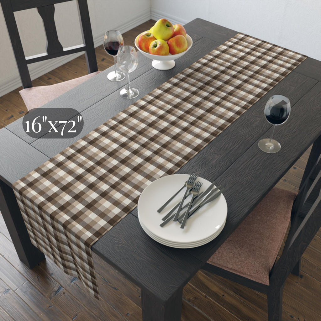 Neutral Brown Gingham Plaid Table Runner: Farmhouse Buffalo Check Accent