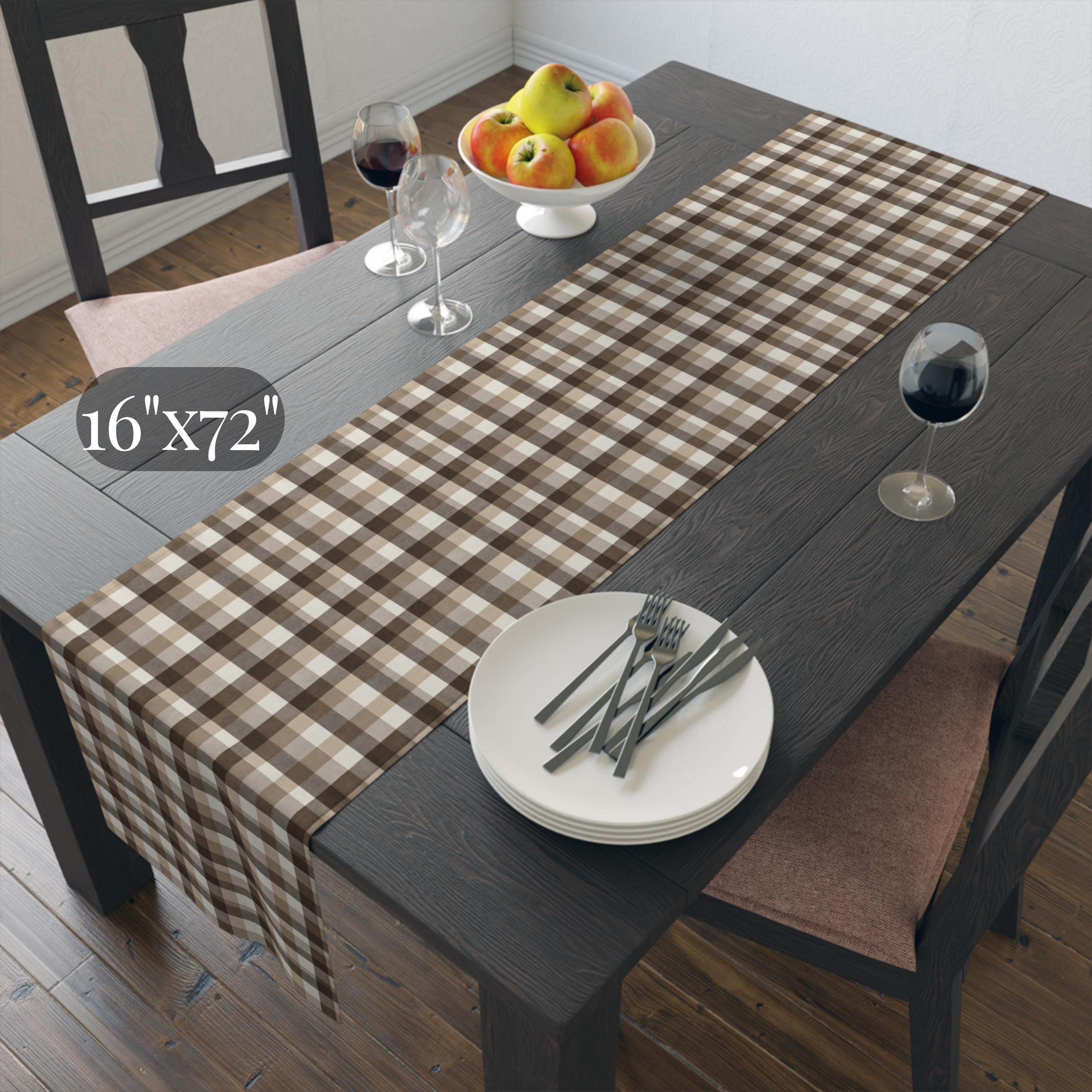 Neutral Brown Gingham Plaid Table Runner: Farmhouse Buffalo Check Accent