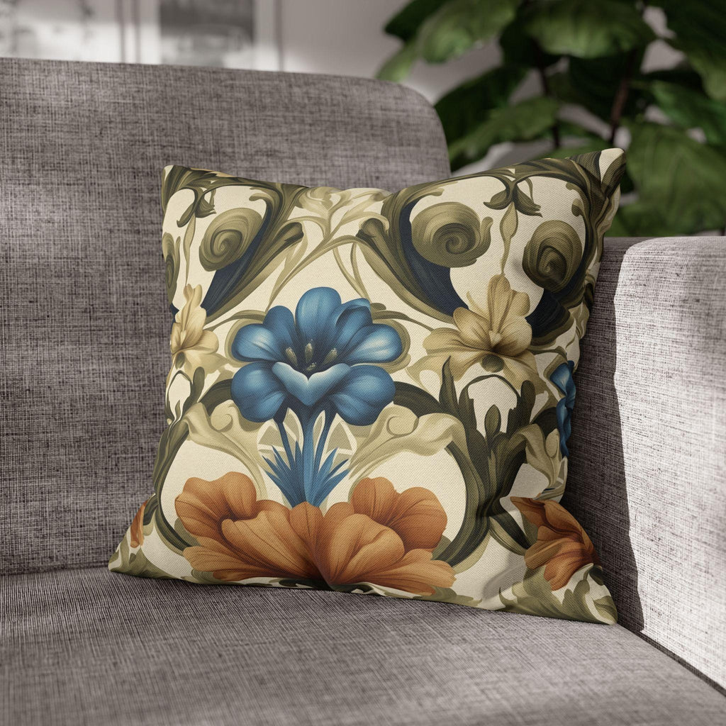 William Morris Floral Pillow Cover: Blue, Orange Blooms, Elegant Home Decor