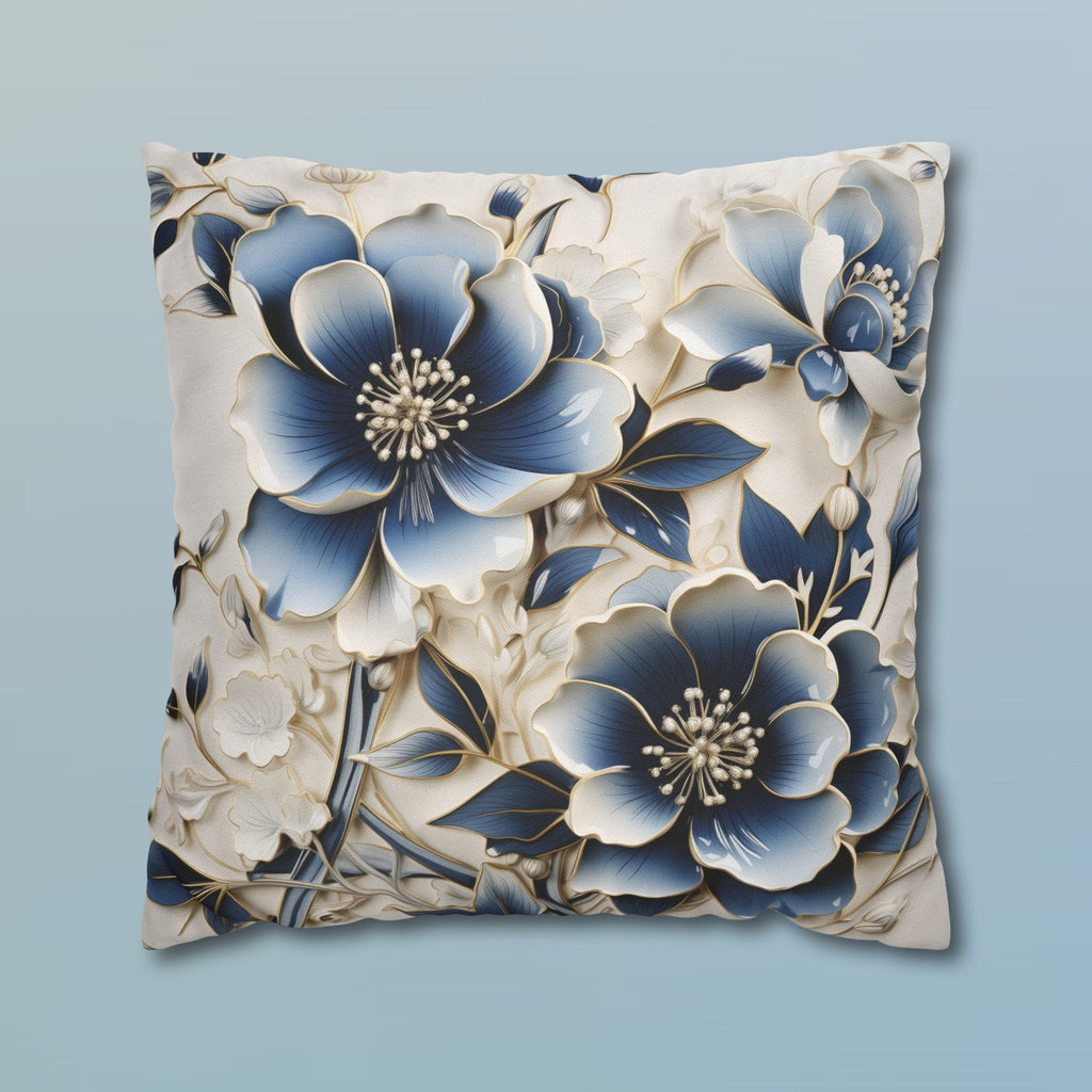 Elegant Chinoiserie Floral Pillow Cover: Blue & Off-White Eastern Motif Cushion for Home Decor