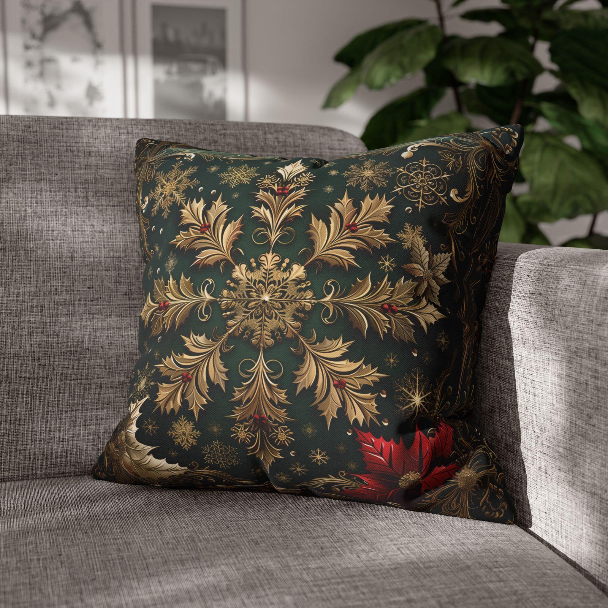 Gold Snowflake Poinsettia Pillow Cover, Emerald Green Holiday Decor
