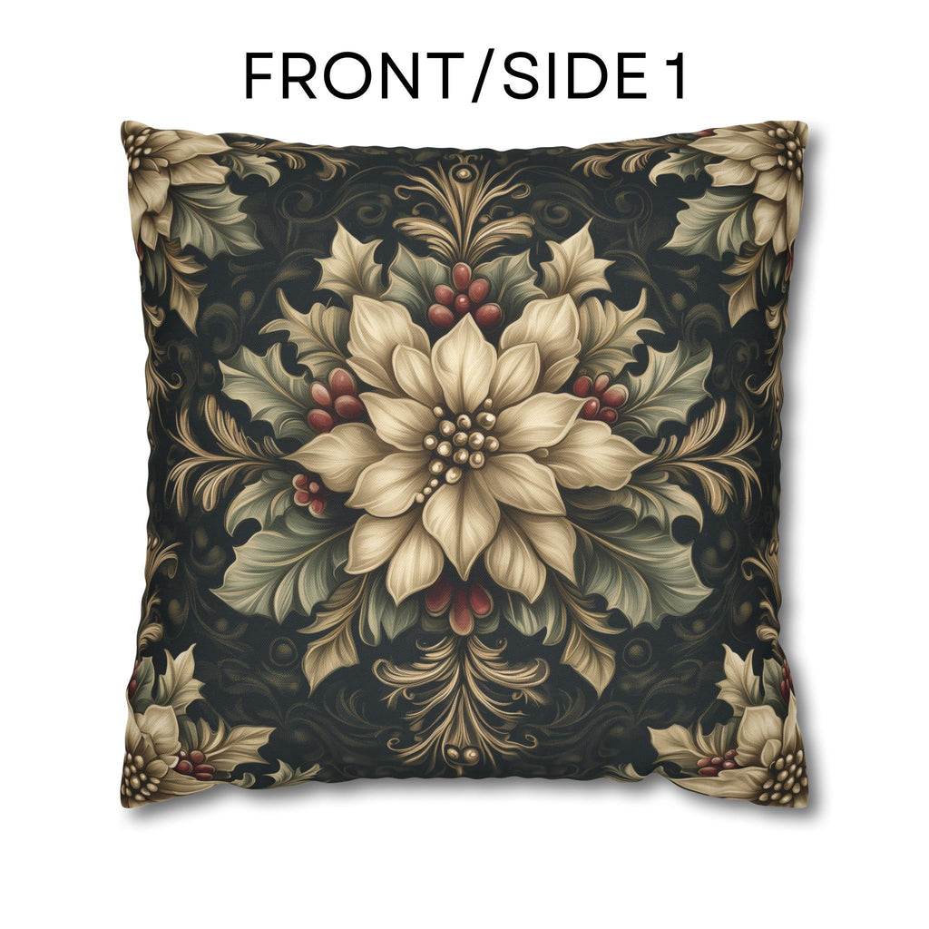 William Morris Christmas Pillow Cover: Ivory Poinsettia & Holly on Midnight Green