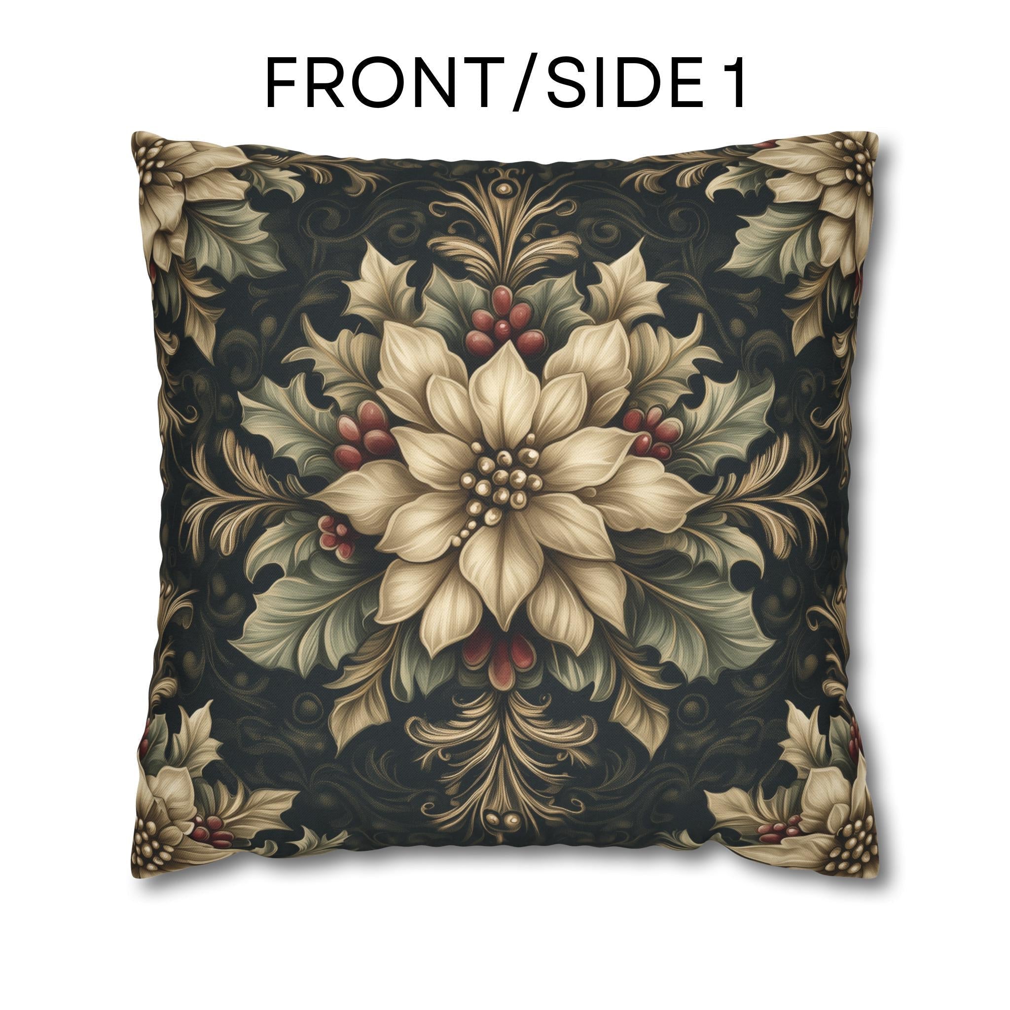 William Morris Christmas Pillow Cover: Ivory Poinsettia & Holly on Midnight Green