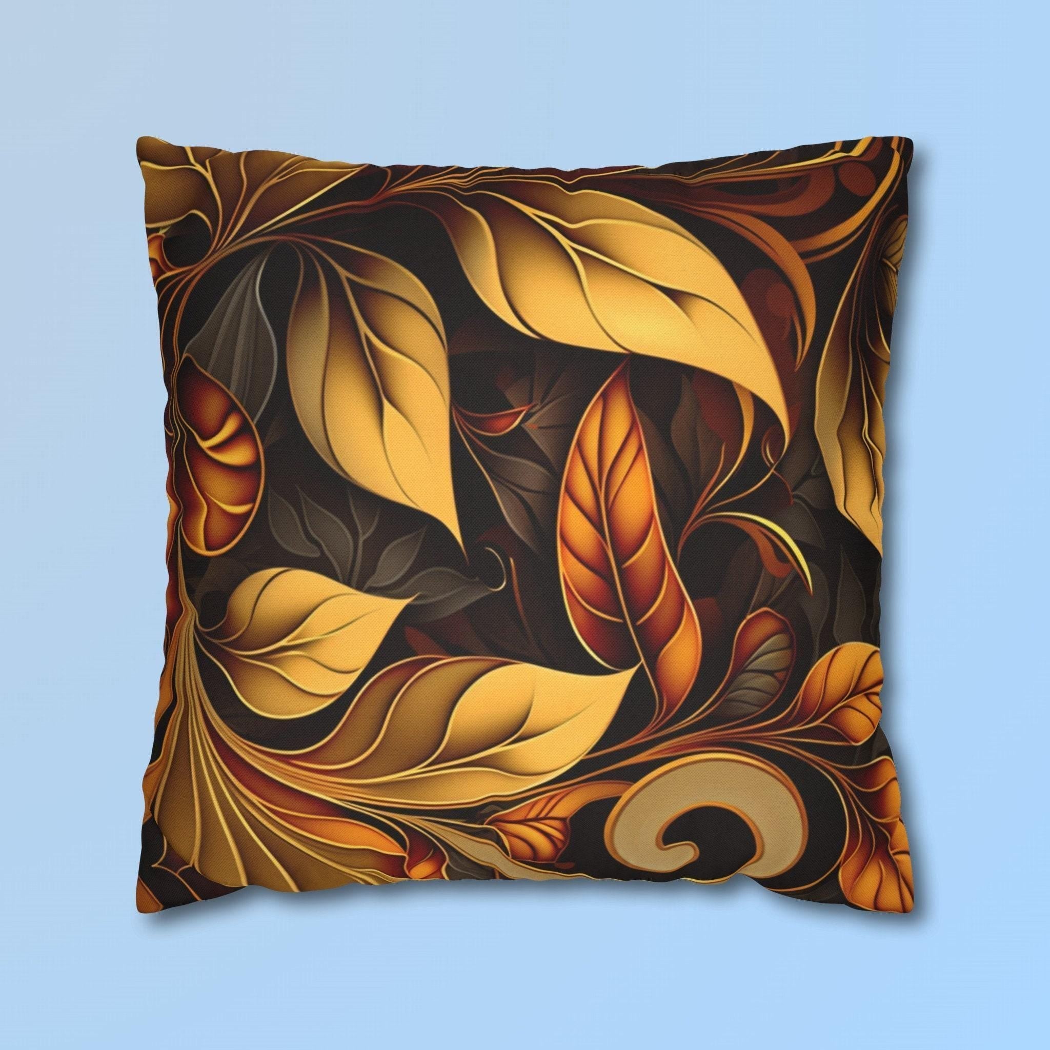 Autumnal Leaves Throw Pillow Cover: Orange and Gold Foliage on Rich Brown Background