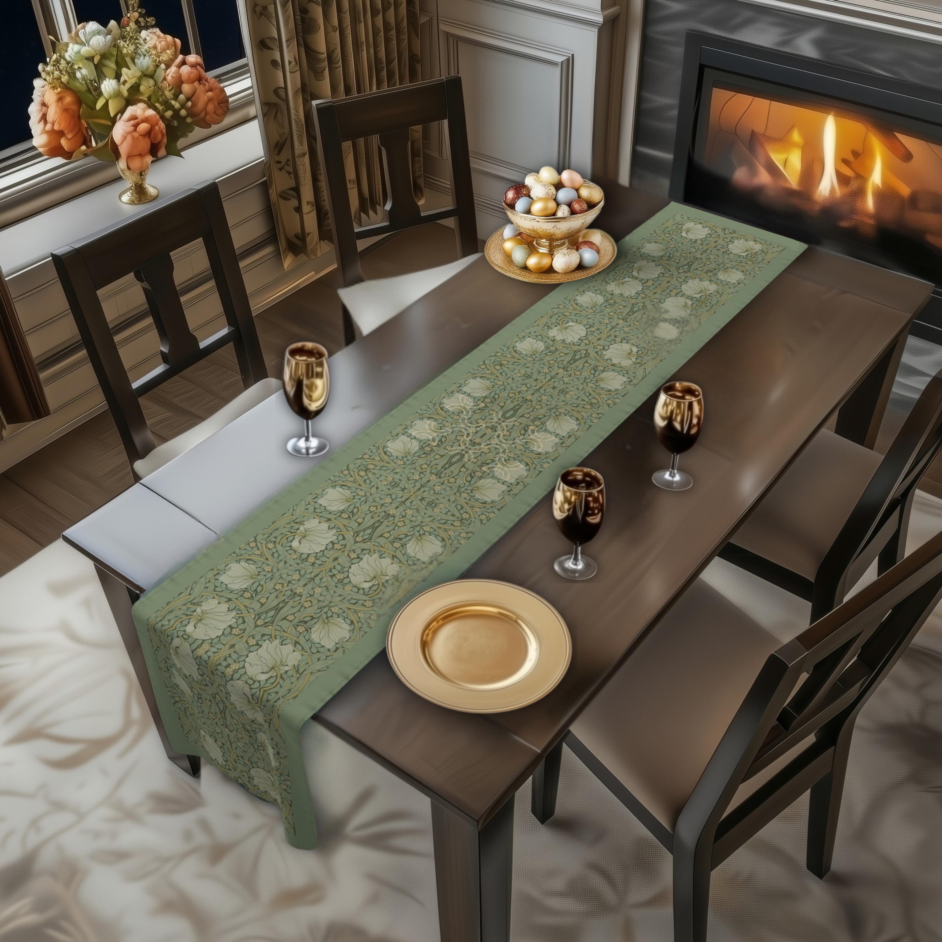 William Morris Pimpernel Sage Table Runner: Vintage Wallpaper-Inspired Botanical Art Nouveau Decor