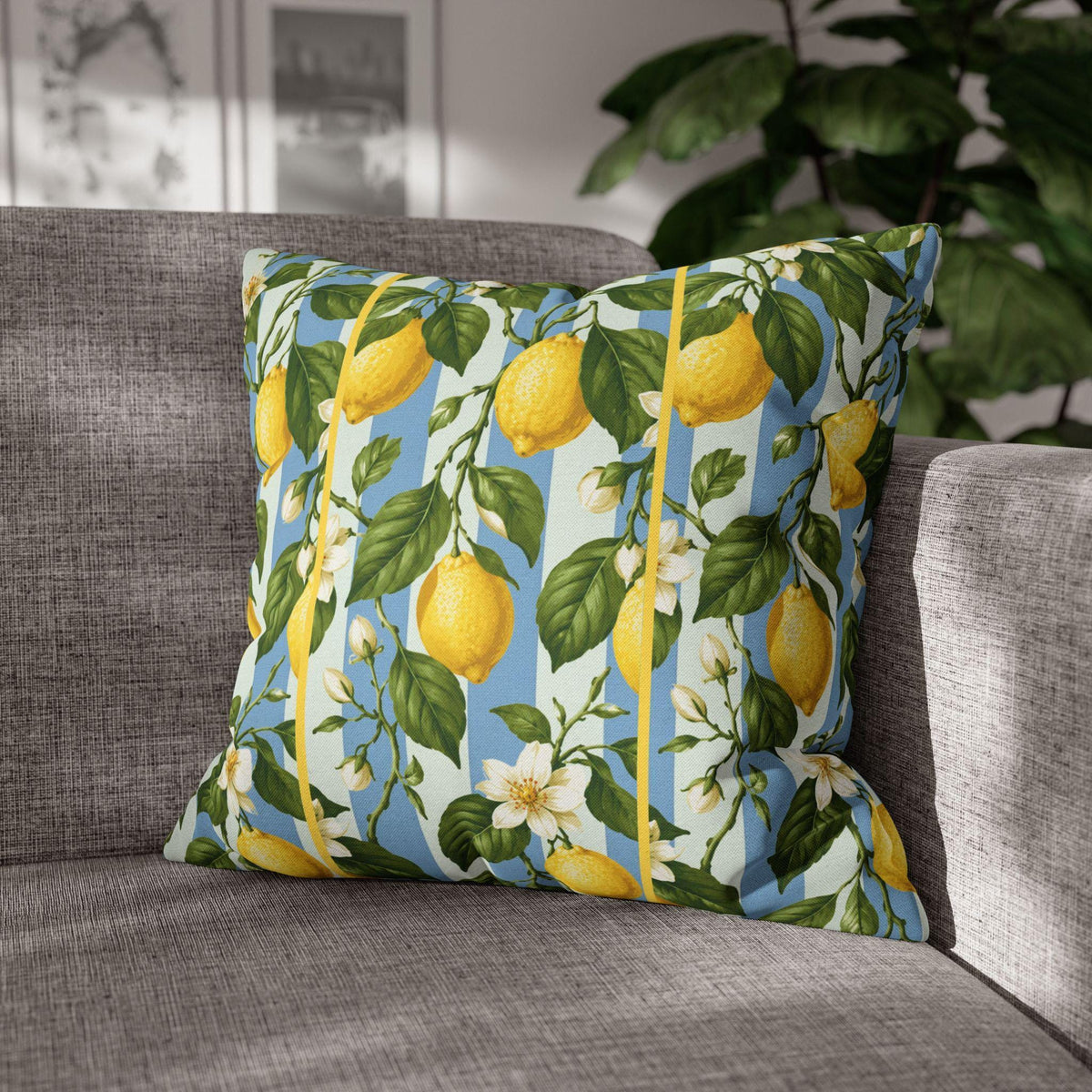 Lemon Soft Blue Stripe Pillow Cover: with Green Leaves and White Florals