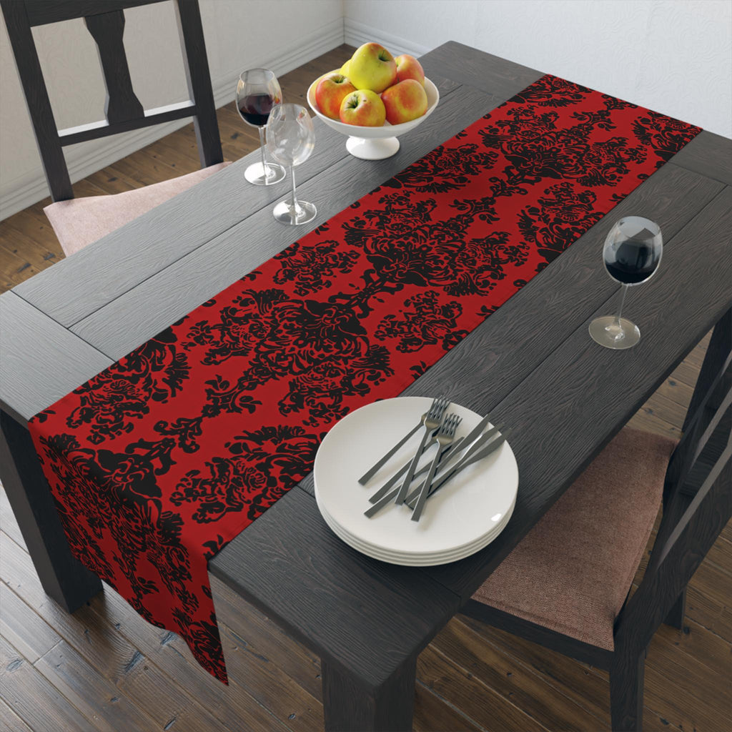 Elegant Gothic Damask Table Runner, Black & Crimson Vampire-Inspired Dining Decor for Romantic Ambiance