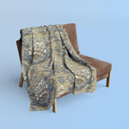 Damask Floral Fleece Throw Blanket: Elegant Pale Gold, Blue & Ivory