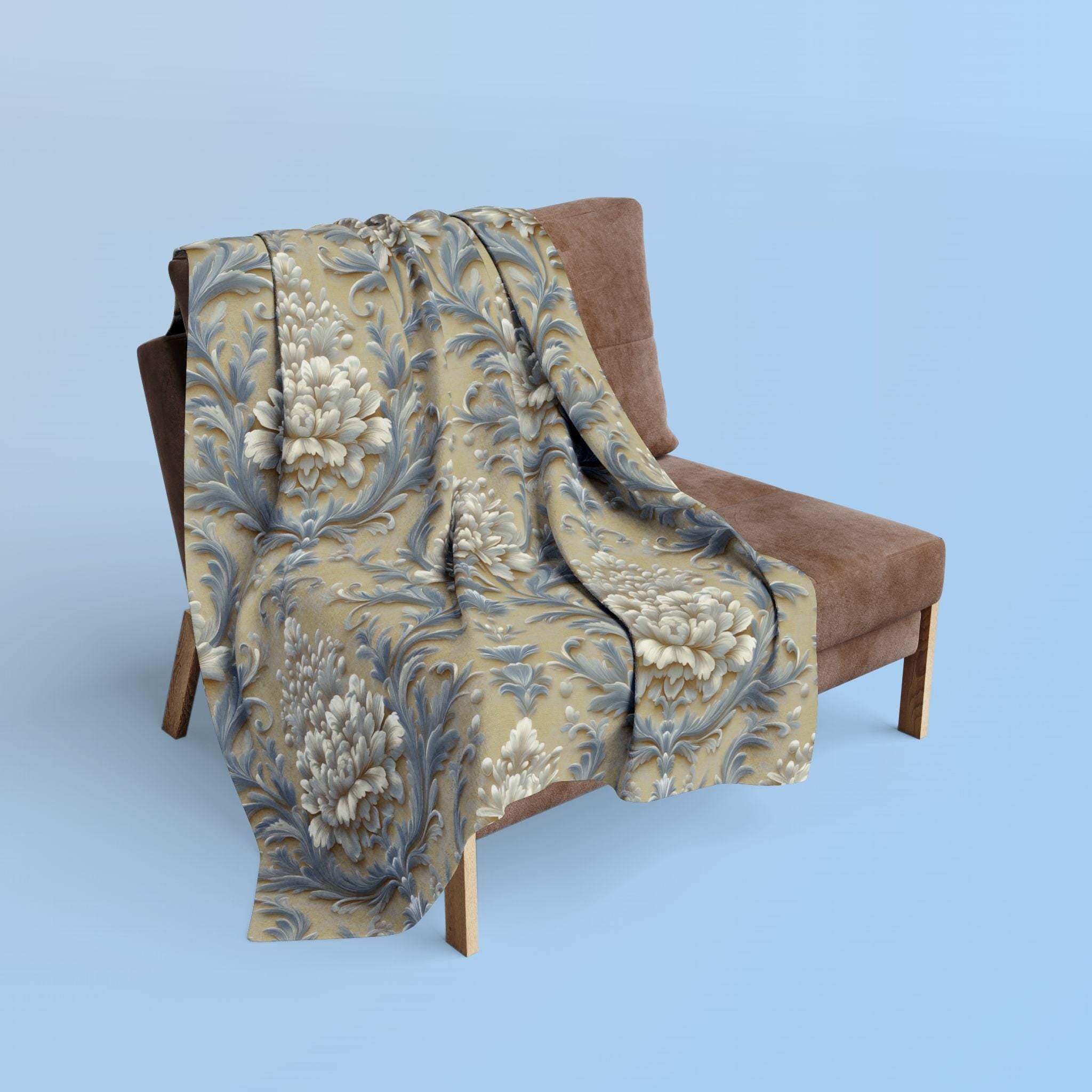 Damask Floral Fleece Throw Blanket: Elegant Pale Gold, Blue & Ivory