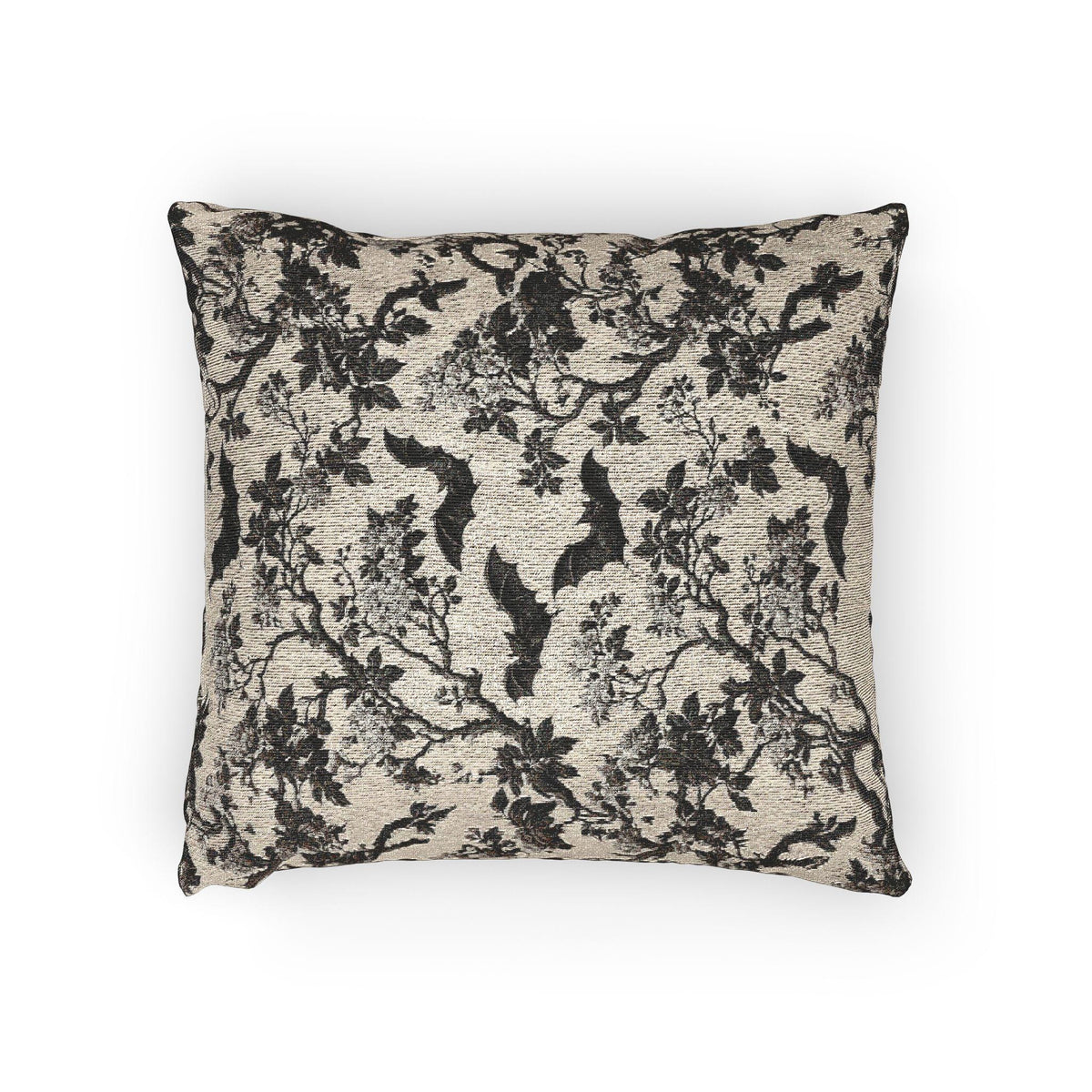 Chinoiserie Five Bats Woven Throw Pillow: Black and Cream Halloween Floral