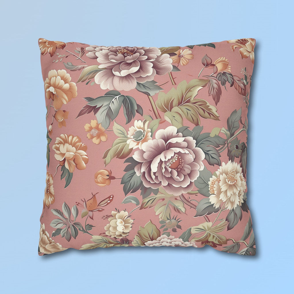 Rococo-Inspired Floral Pillow Cover: Dusty Pink Elegance with Mauve, Cream, Peach & Green Blooms
