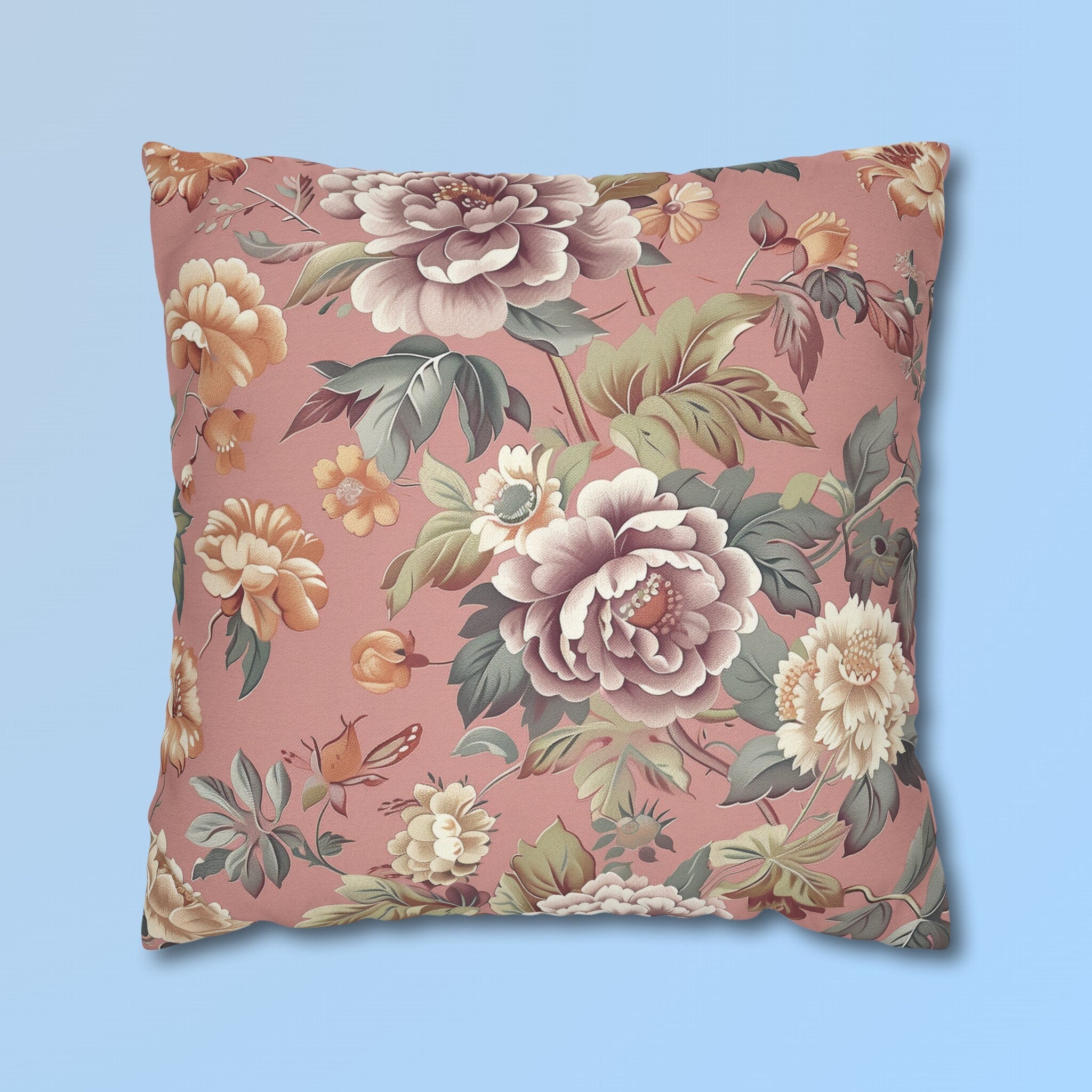 Rococo-Inspired Floral Pillow Cover: Dusty Pink Elegance with Mauve, Cream, Peach & Green Blooms