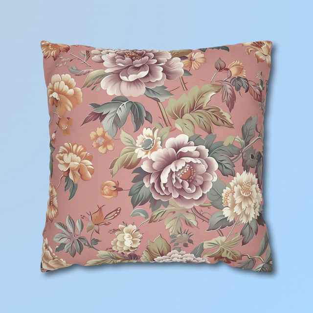 Rococo-Inspired Floral Pillow Cover: Dusty Pink Elegance with Mauve, Cream, Peach & Green Blooms
