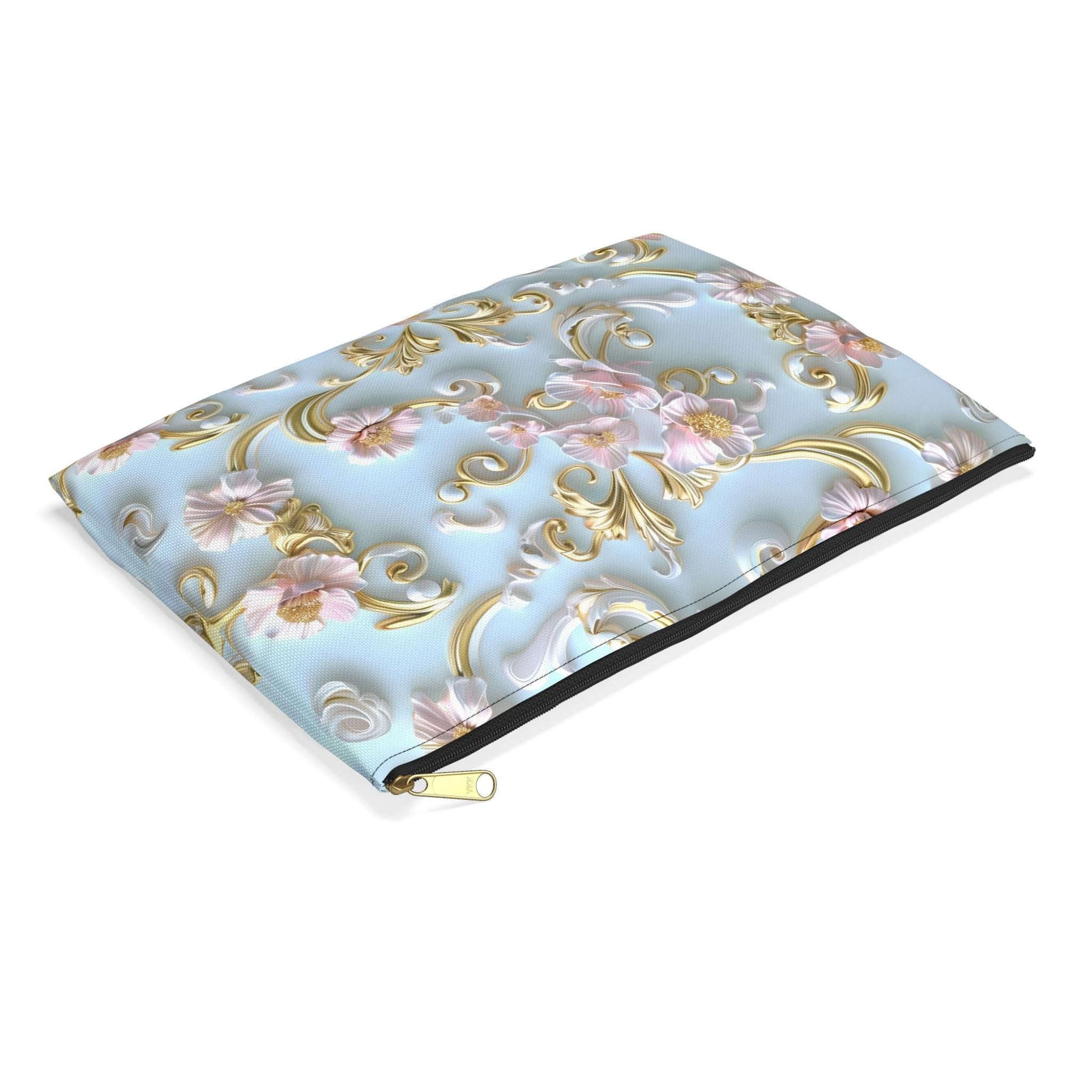 Rococo Zipper Pouch: Golden Scrollwork, Pink Flowers, Coquette Accessory