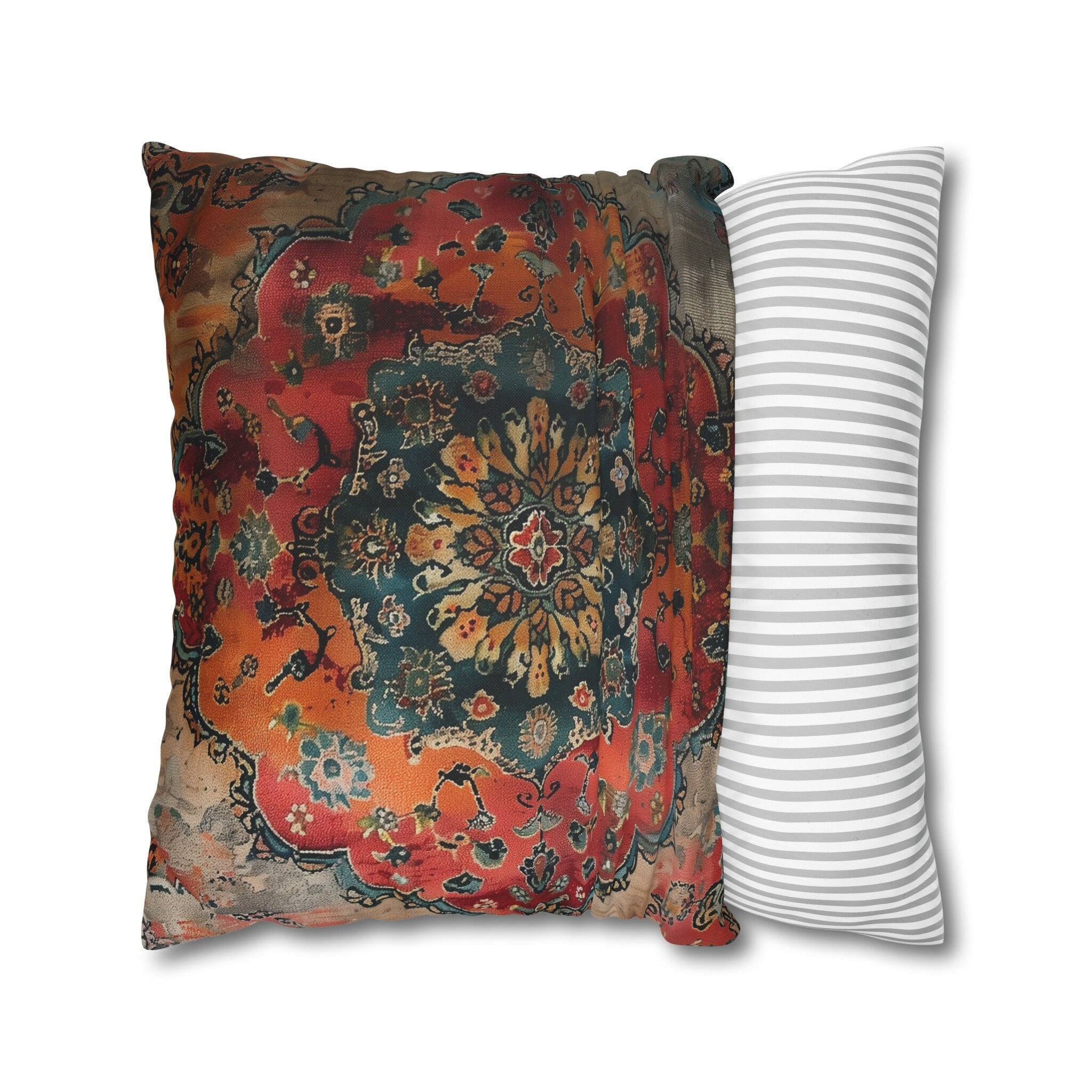 Medallion Persian Rug Pillow Cover: Teal, Red, and Orange