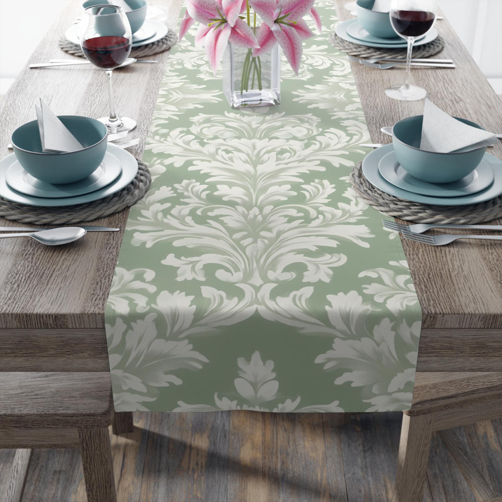 Elegant Muted Green Damask Table Runner: Timeless Floral Design for Weddings, Dining & Home Decor