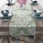 Elegant Muted Green Damask Table Runner: Timeless Floral Design for Weddings, Dining & Home Decor