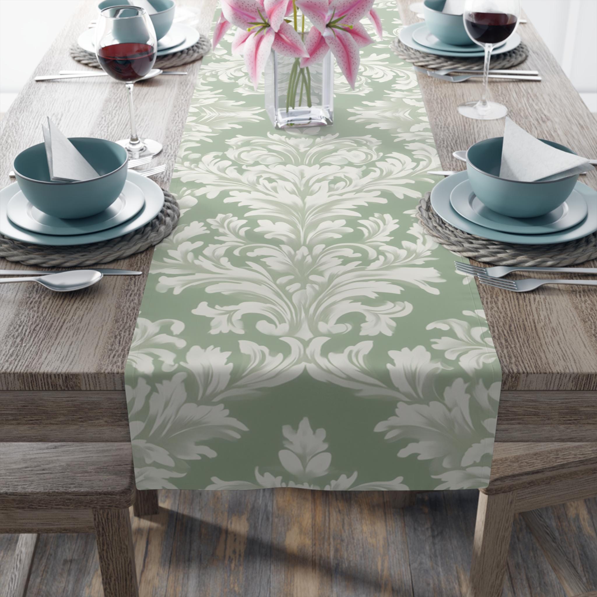 Elegant Muted Green Damask Table Runner: Timeless Floral Design for Weddings, Dining & Home Decor