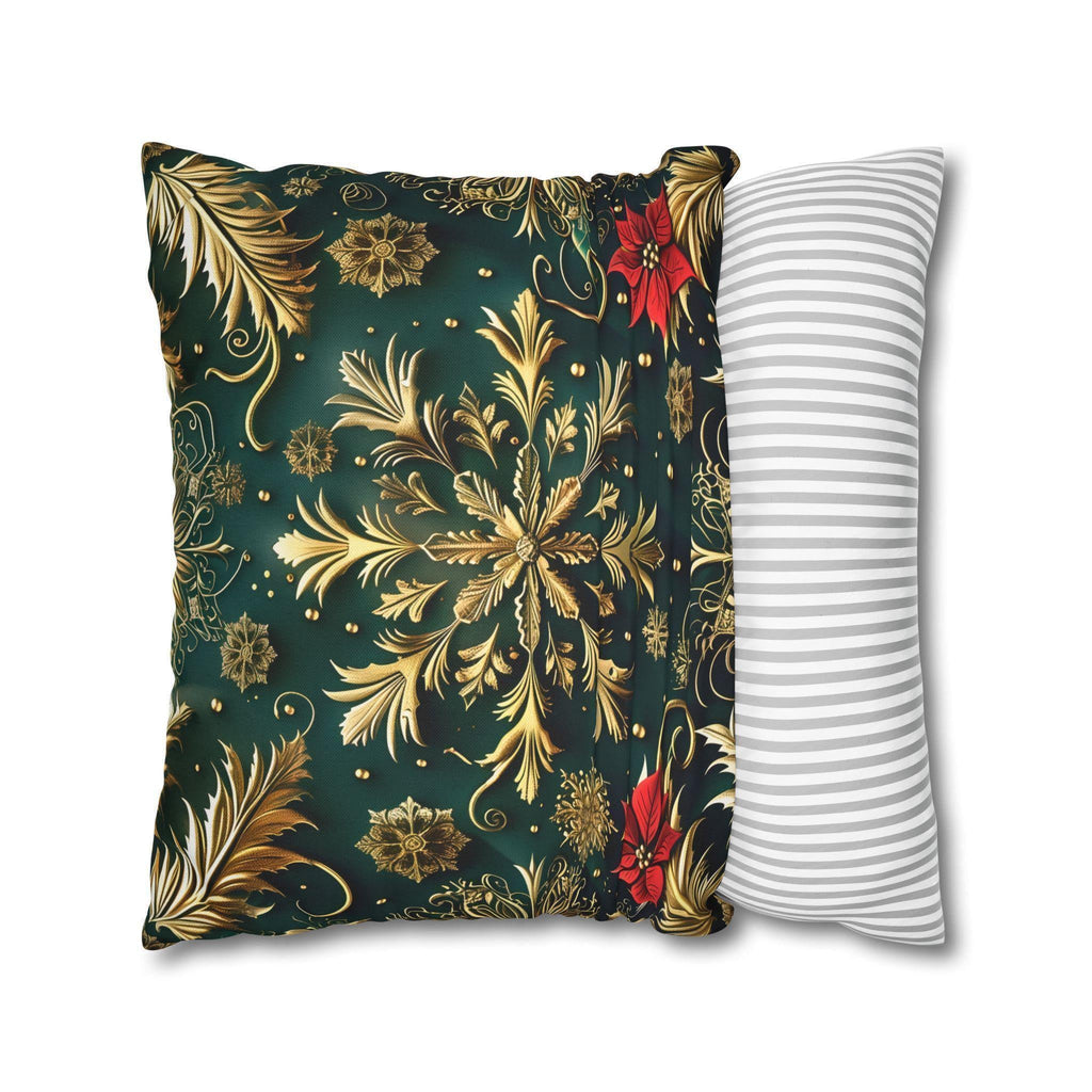 Holiday Snowflake Square  Pillowcase, Elegant Christmas Decor, Luxury Green & Gold Pillow Sham