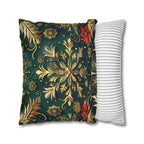 Holiday Snowflake Square  Pillowcase, Elegant Christmas Decor, Luxury Green & Gold Pillow Sham