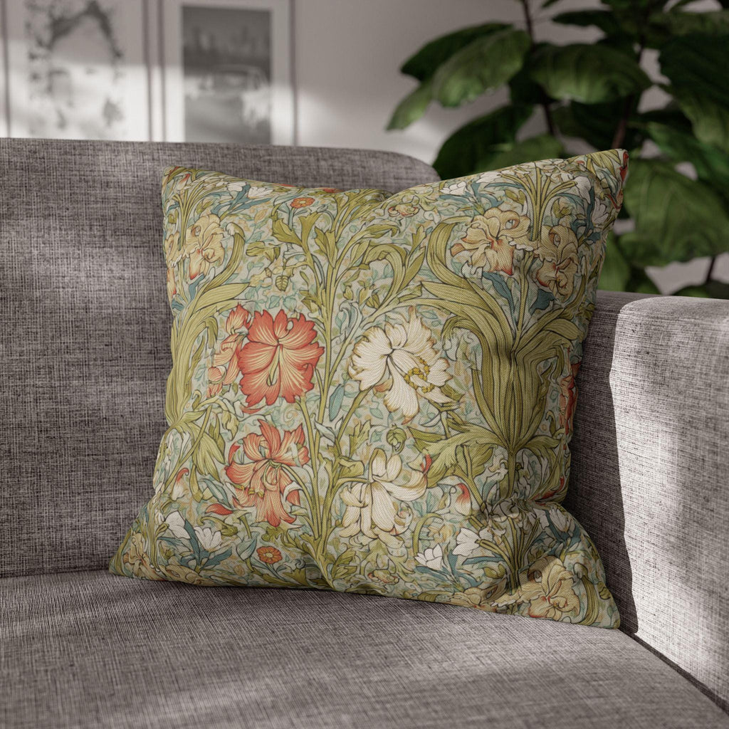 William Morris Style Pillow Cover: Soft Sage, Coral and Ivory Botanical Floral