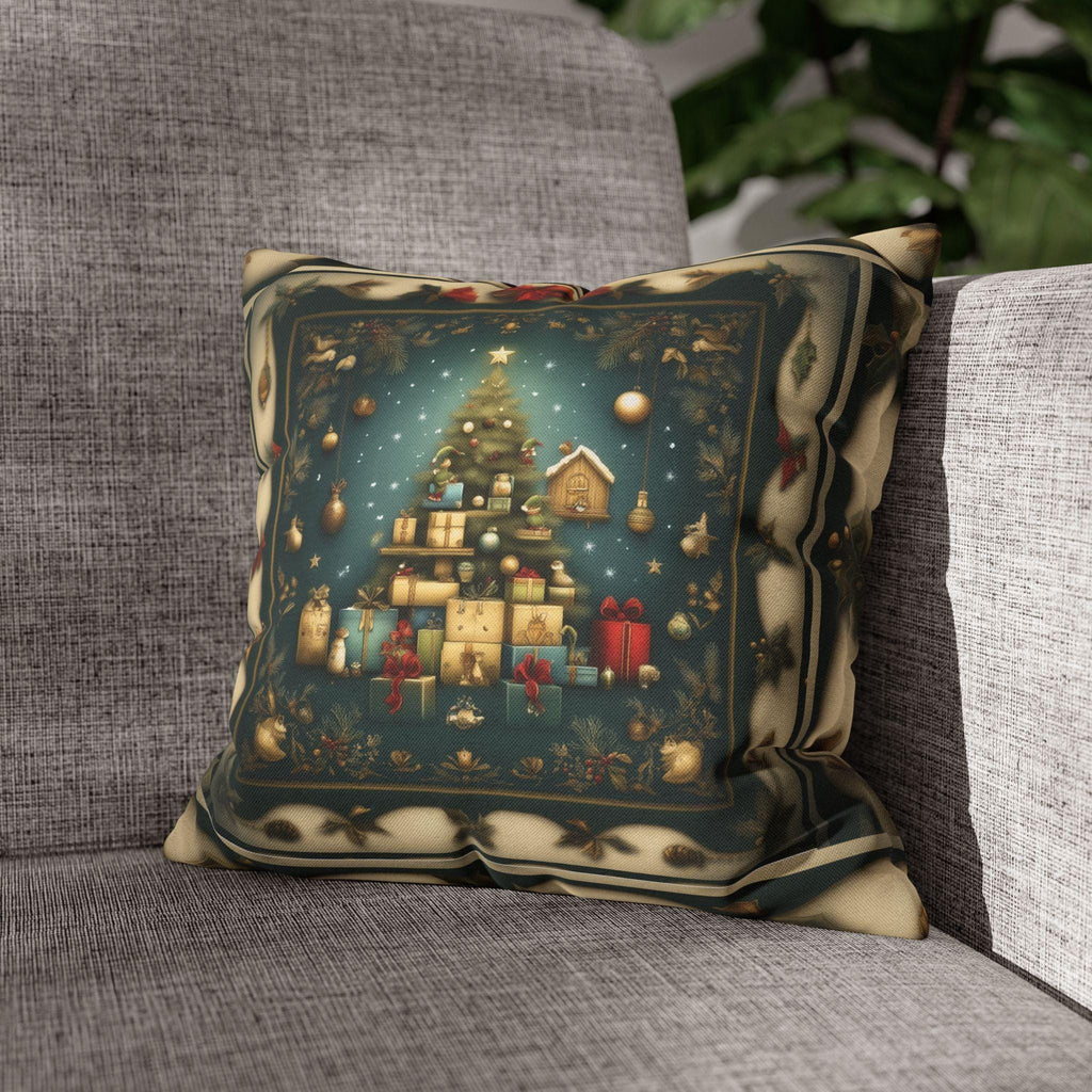 Vintage Style Holiday Pillow Cover: Storybook Christmas Tree & Gifts Design