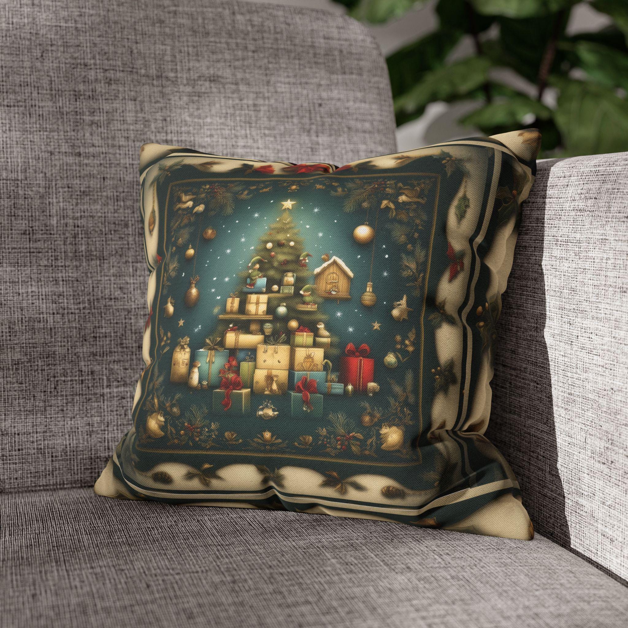 Vintage Style Holiday Pillow Cover: Storybook Christmas Tree & Gifts Design
