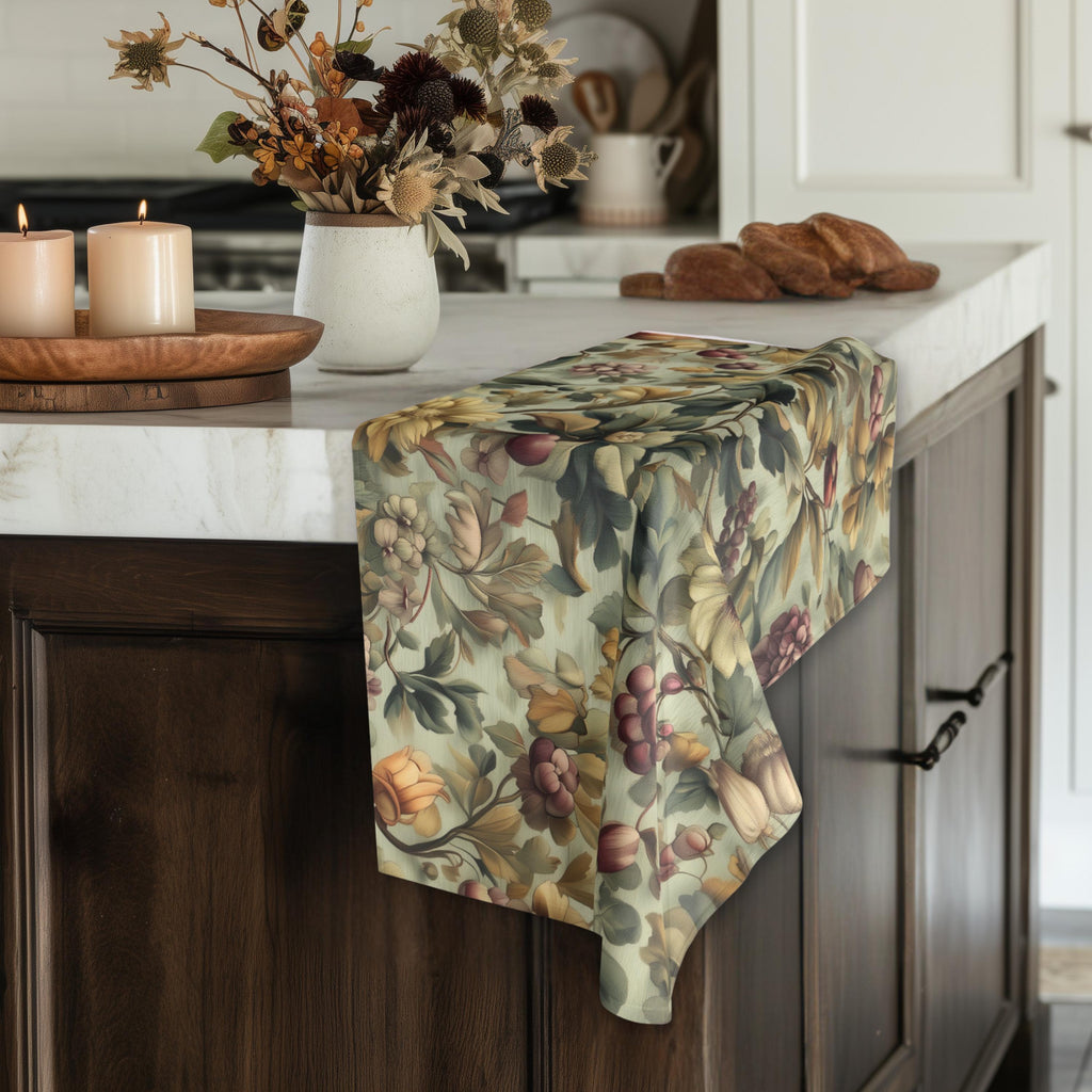 William Morris Inspired Fall Botanical Hand Towel: Sage Mint, Wine, Wheat