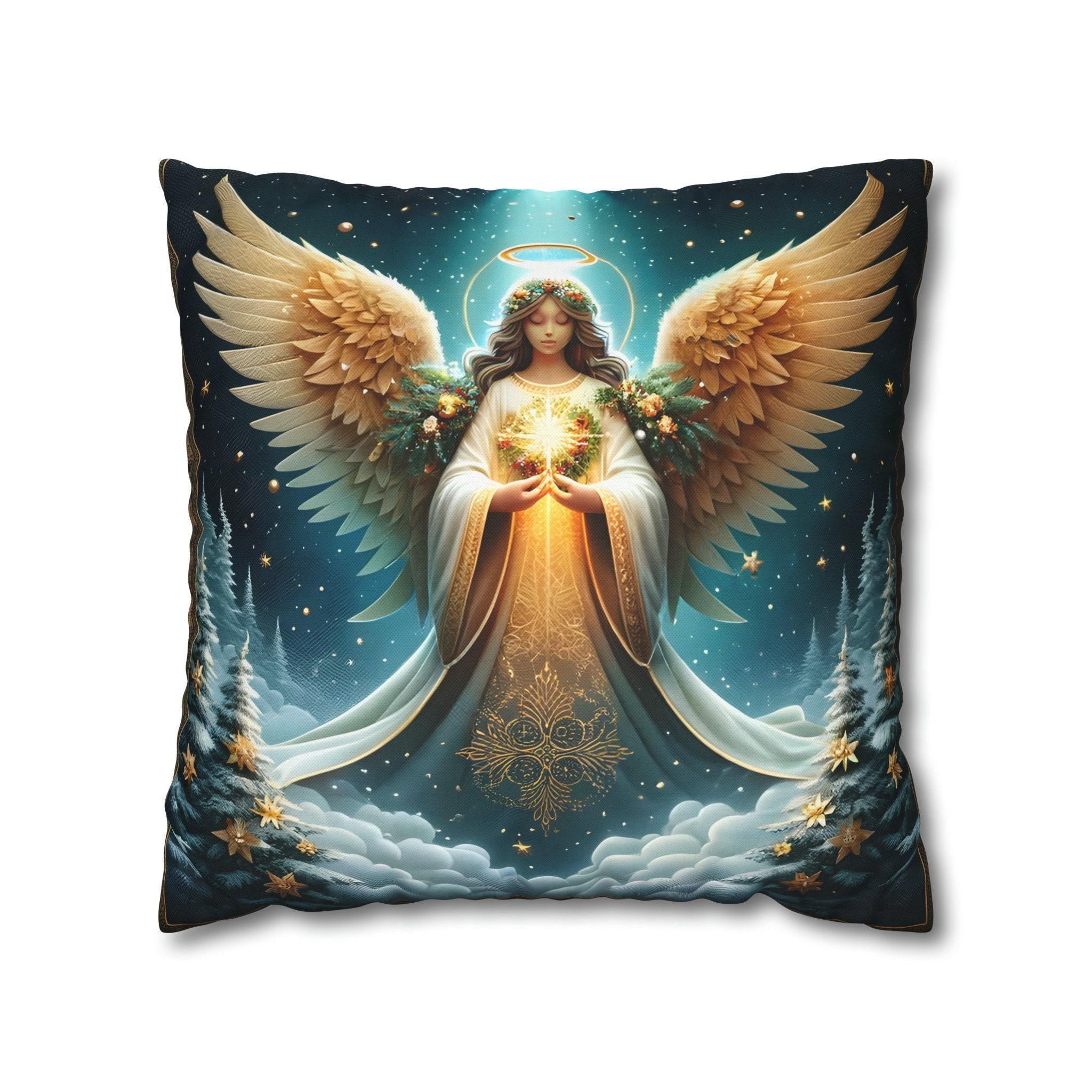 Angelic Christmas Throw Pillow Cover: Midnight Blue Decorative Holiday Cushion with Golden Wings