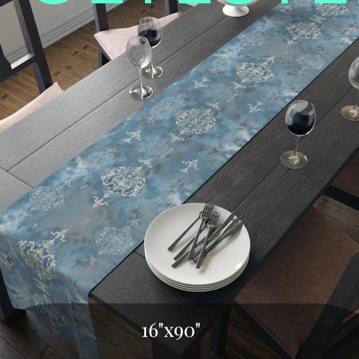 Elegant Silvery White Damask Table Runner: Soft Blue & Gray Classic Pattern for Sophisticated Dining