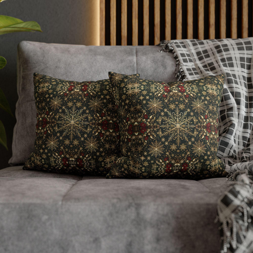 Elegant Gold Snowflake Poinsettia Square Pillow Cover: Holiday Tapestry Pattern for Christmas Home Decor