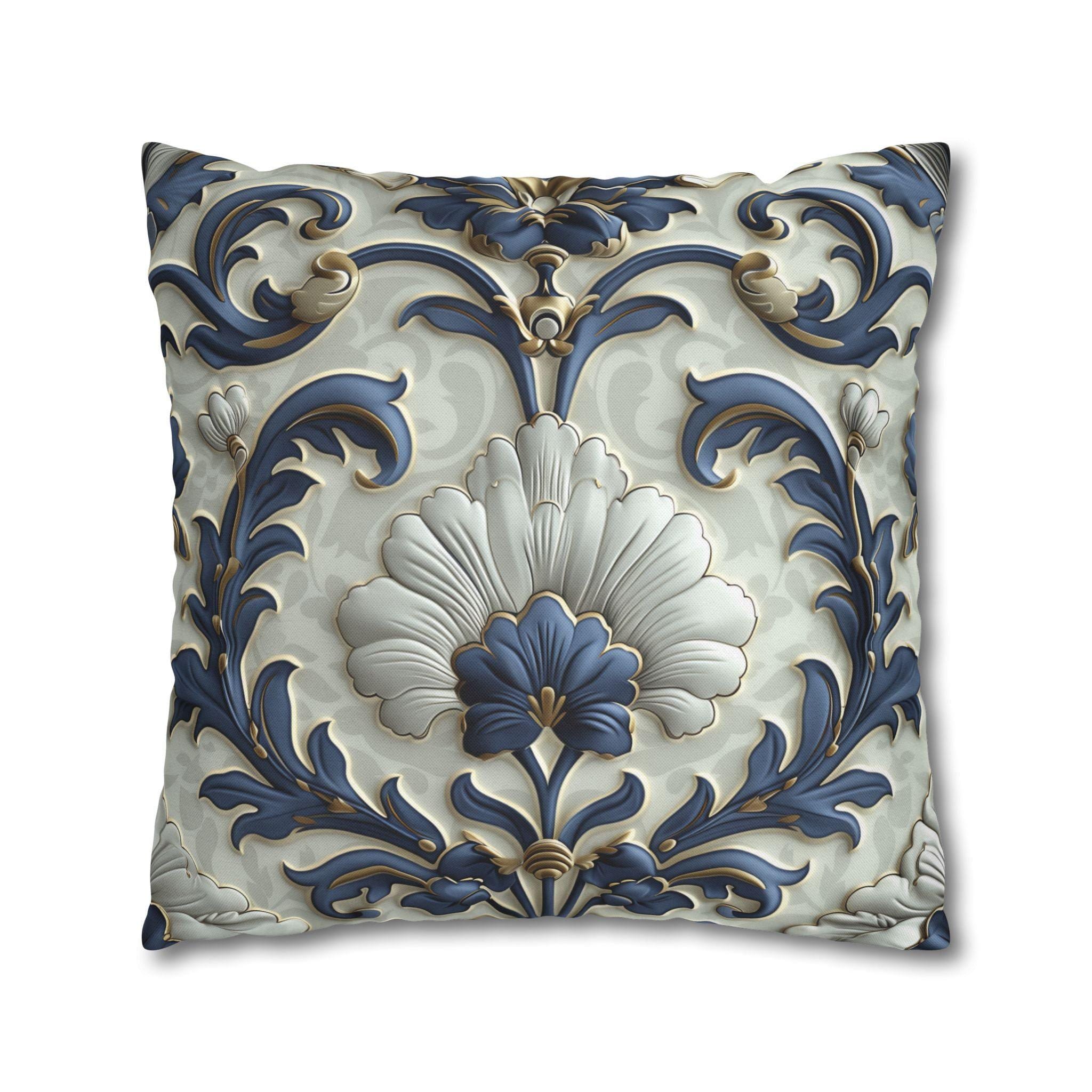 French Country Floral Pillow Cover, Blue White Gold Vintage Design