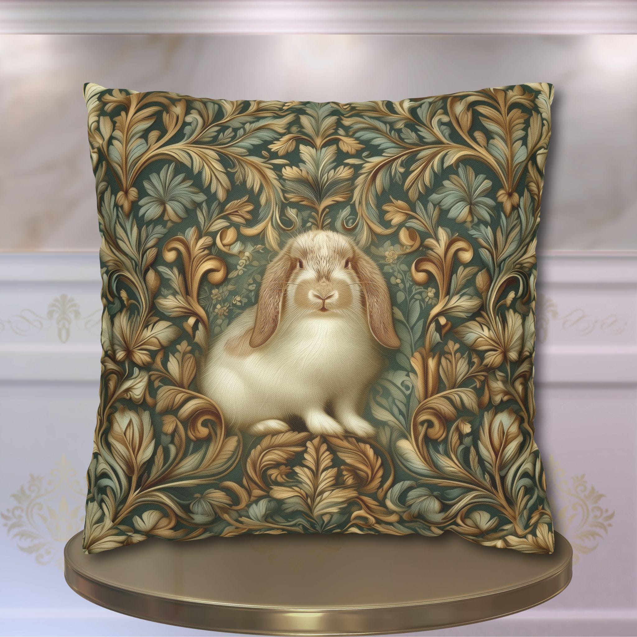 William Morris Woodland Botanical Pillow Cover: American Fuzzy Lop Rabbit