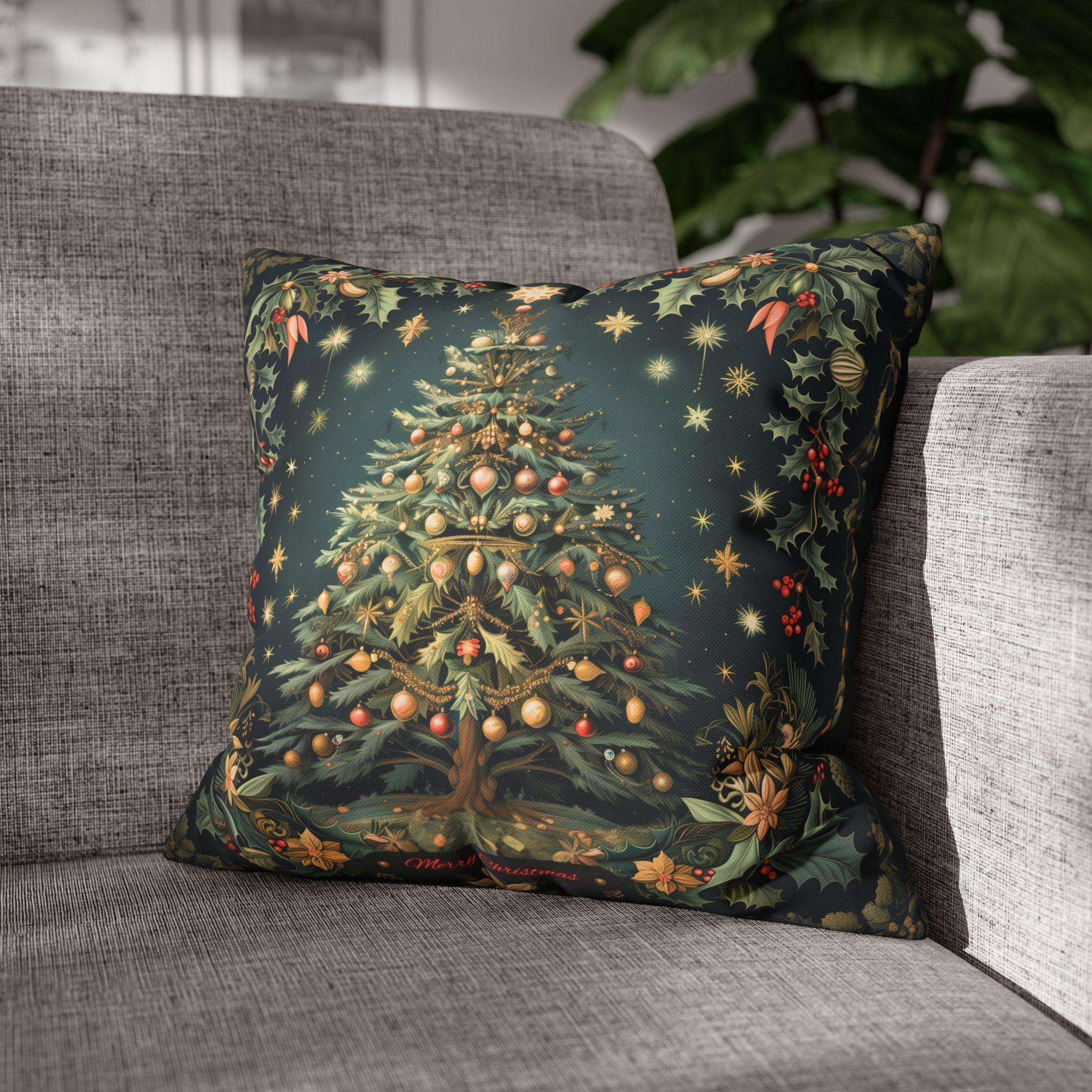 William Morris Merry Christmas 2024 Euro Sham, Gold Red Ornaments on Forest Green and Holly 24x24 & 26x26 inch sizes available