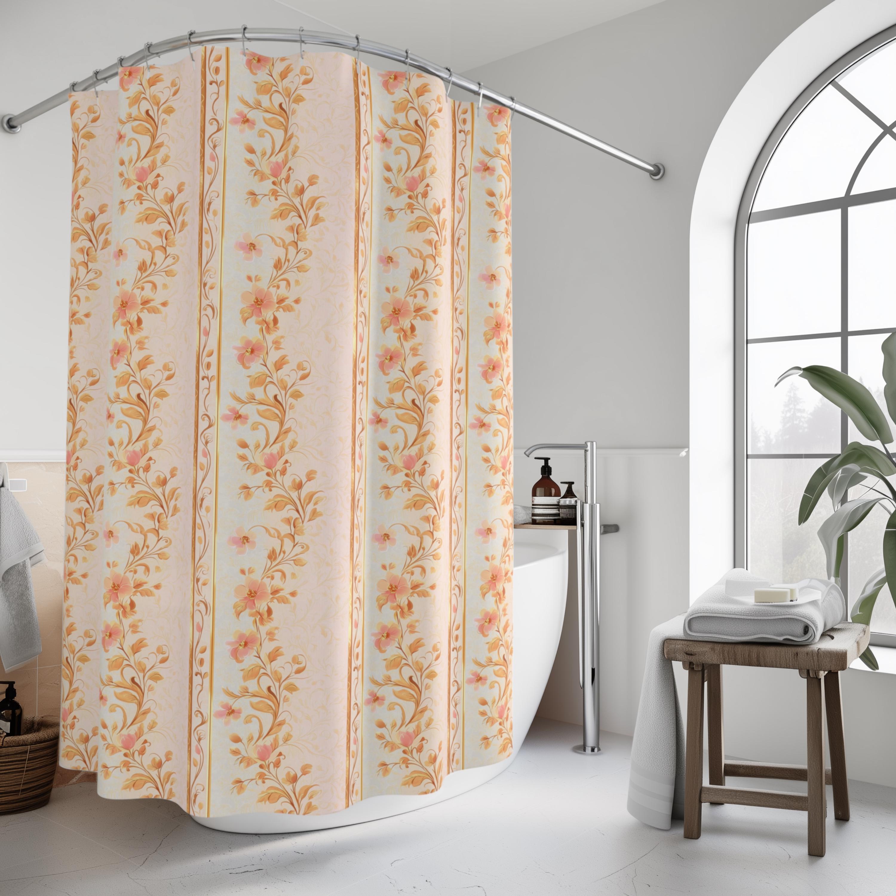 Vintage-Inspired Peach Floral Stripe Fabric Shower Curtain: Botanical Garden Charm for Bathroom Decor