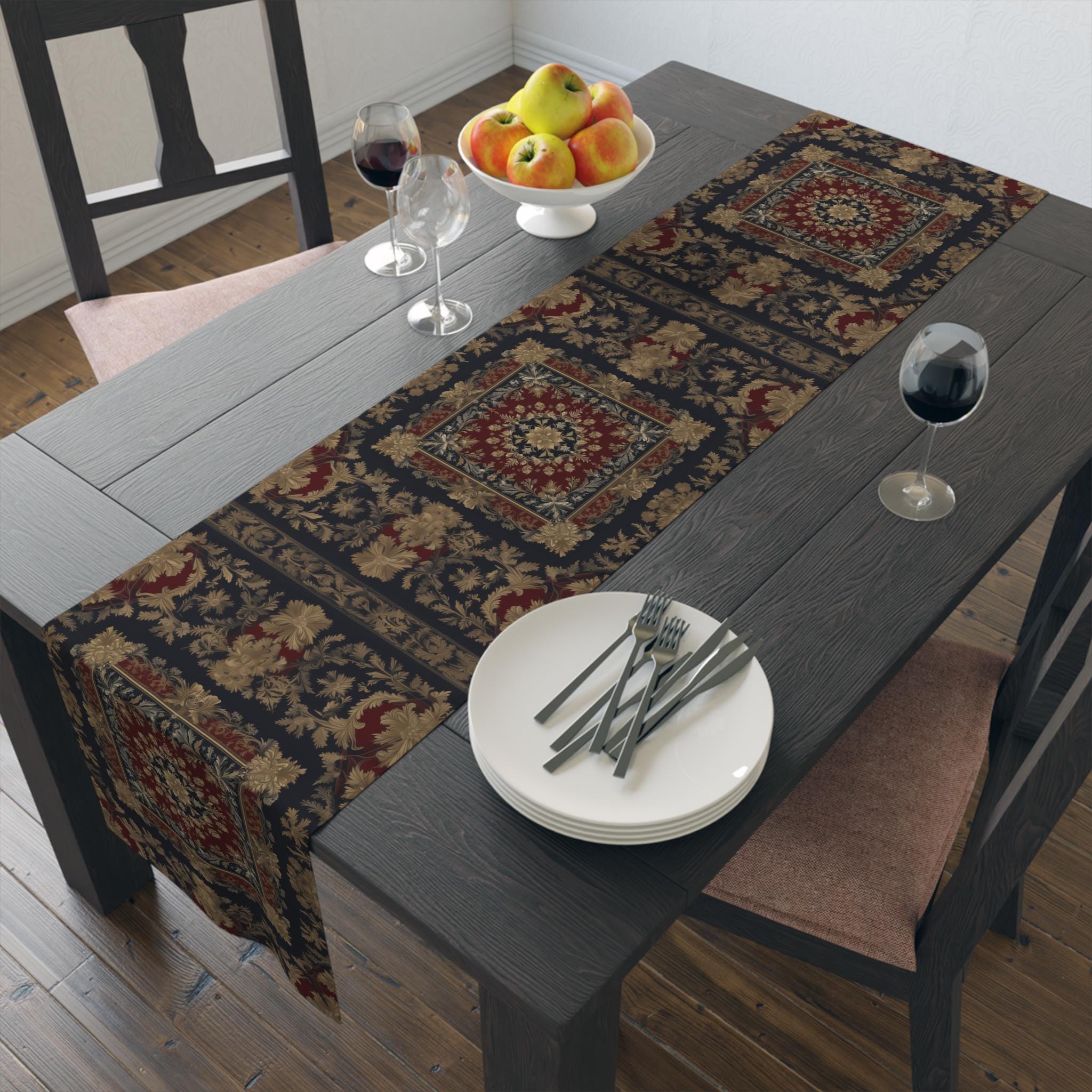 Elegant Vintage-Inspired Table Runner: Gold, Burgundy & Navy Luxury Design Antique-Style Home Decor